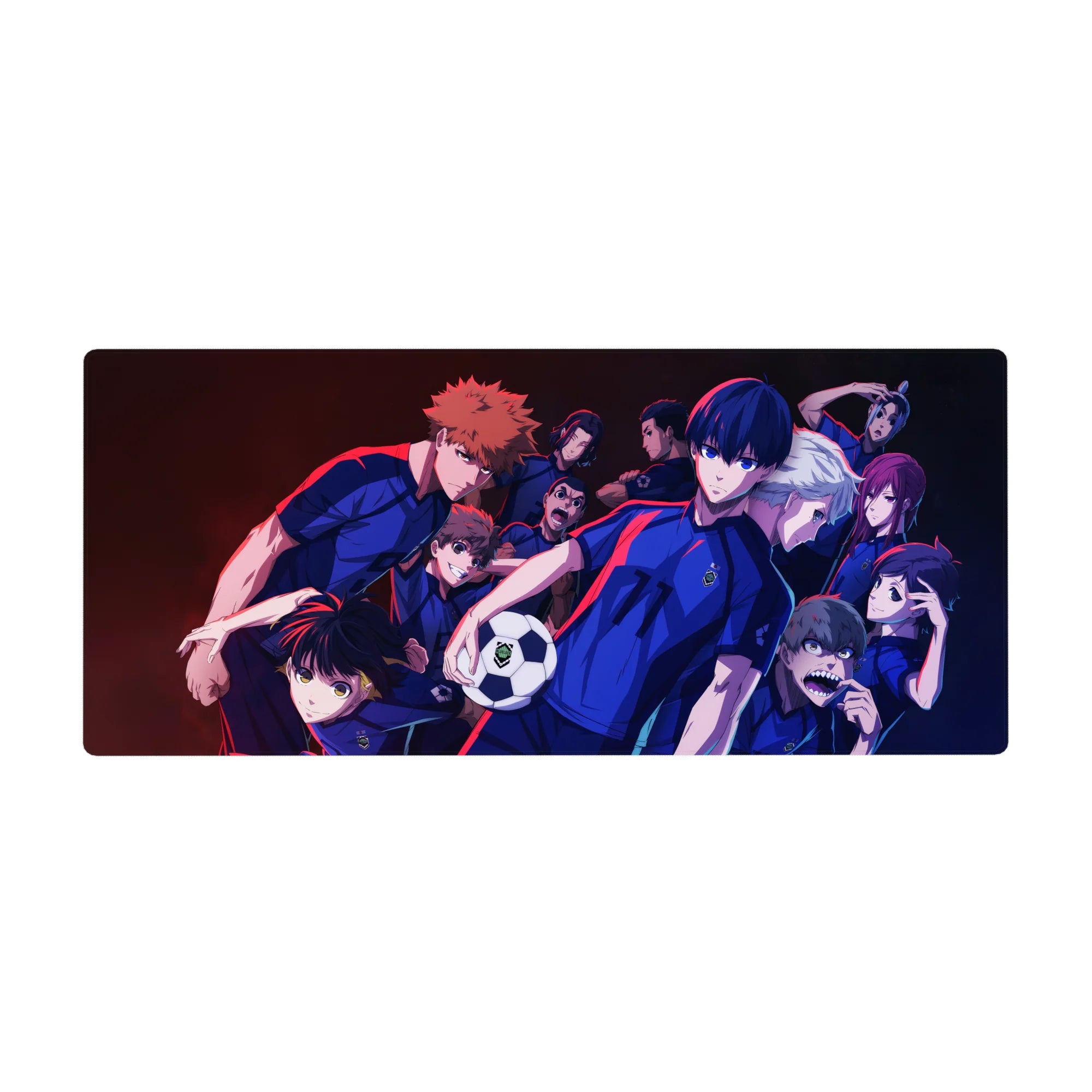 Blue Lock anime desk pad 36x16 inches with team lineup in blue kits, red piping, and soccer ball.