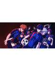 Blue Lock anime desk pad 36x16 inches with team lineup in blue kits, red piping, and soccer ball.