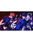 Blue Lock anime desk pad 40x20 inches with soccer team lineup, jerseys, numbers, and ball challenge art.