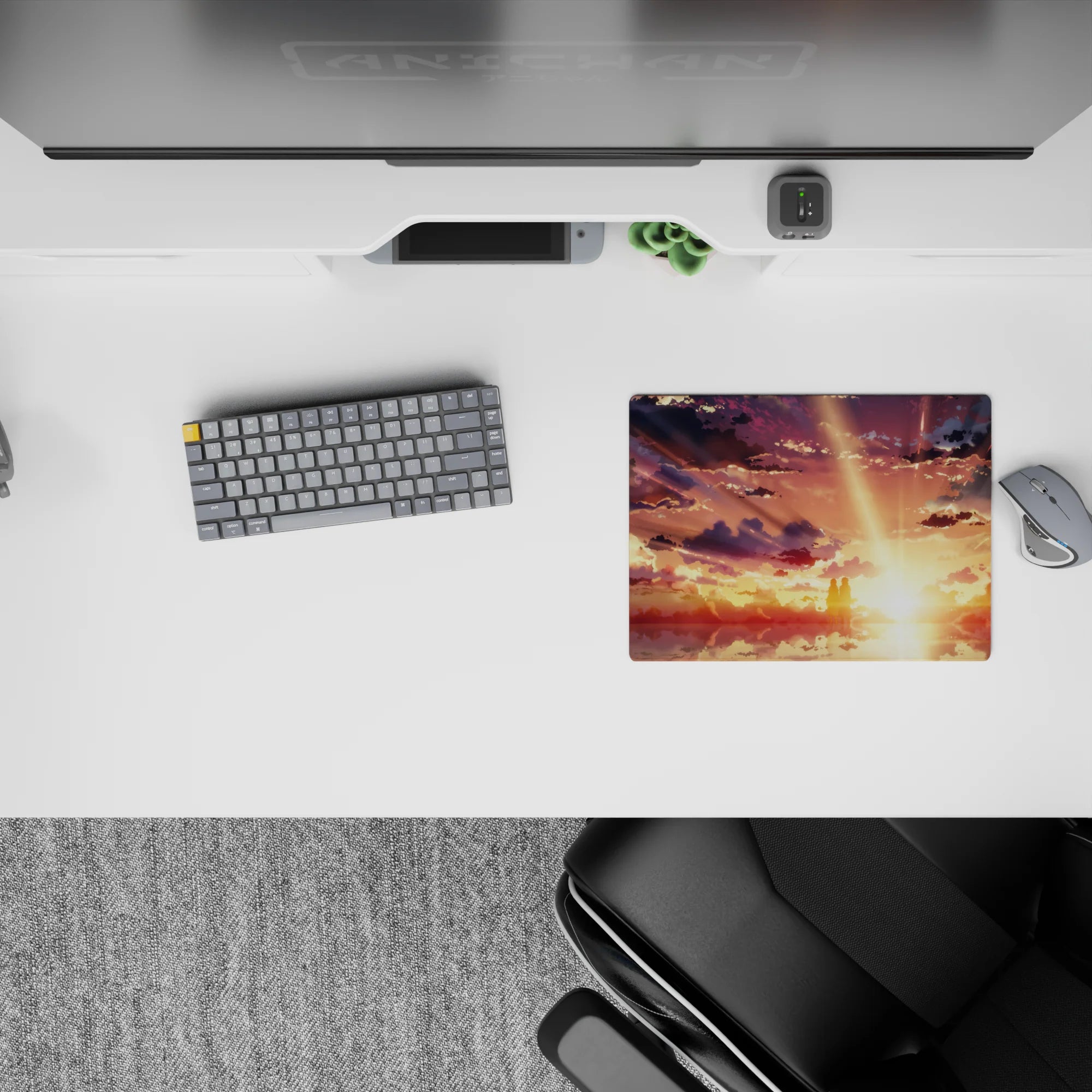 Anime mouse pad 14x10 inches with silhouettes under golden sky with amber, peach, violet hues and dreamy clouds.