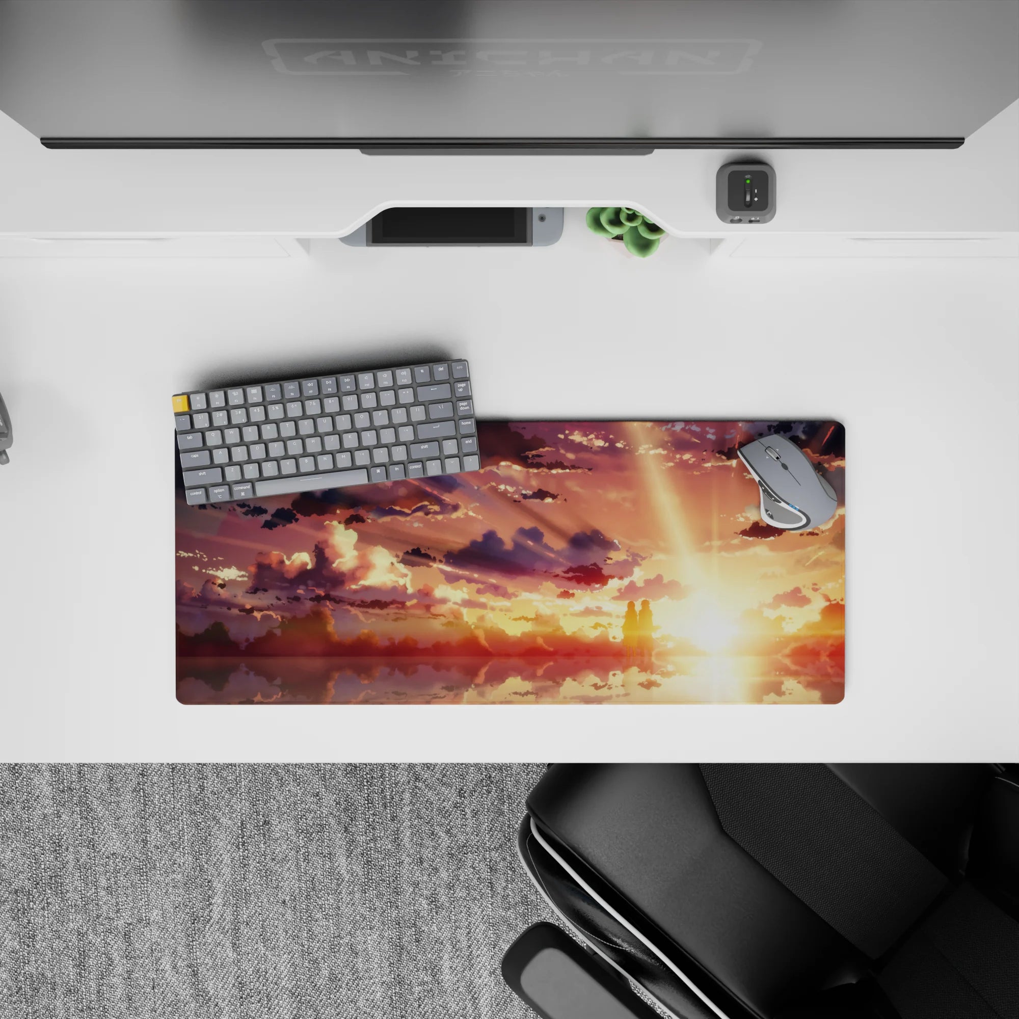 Anime mouse pad 28x12 inches featuring a golden sky with amber, peach, and violet hues, and two serene silhouettes.