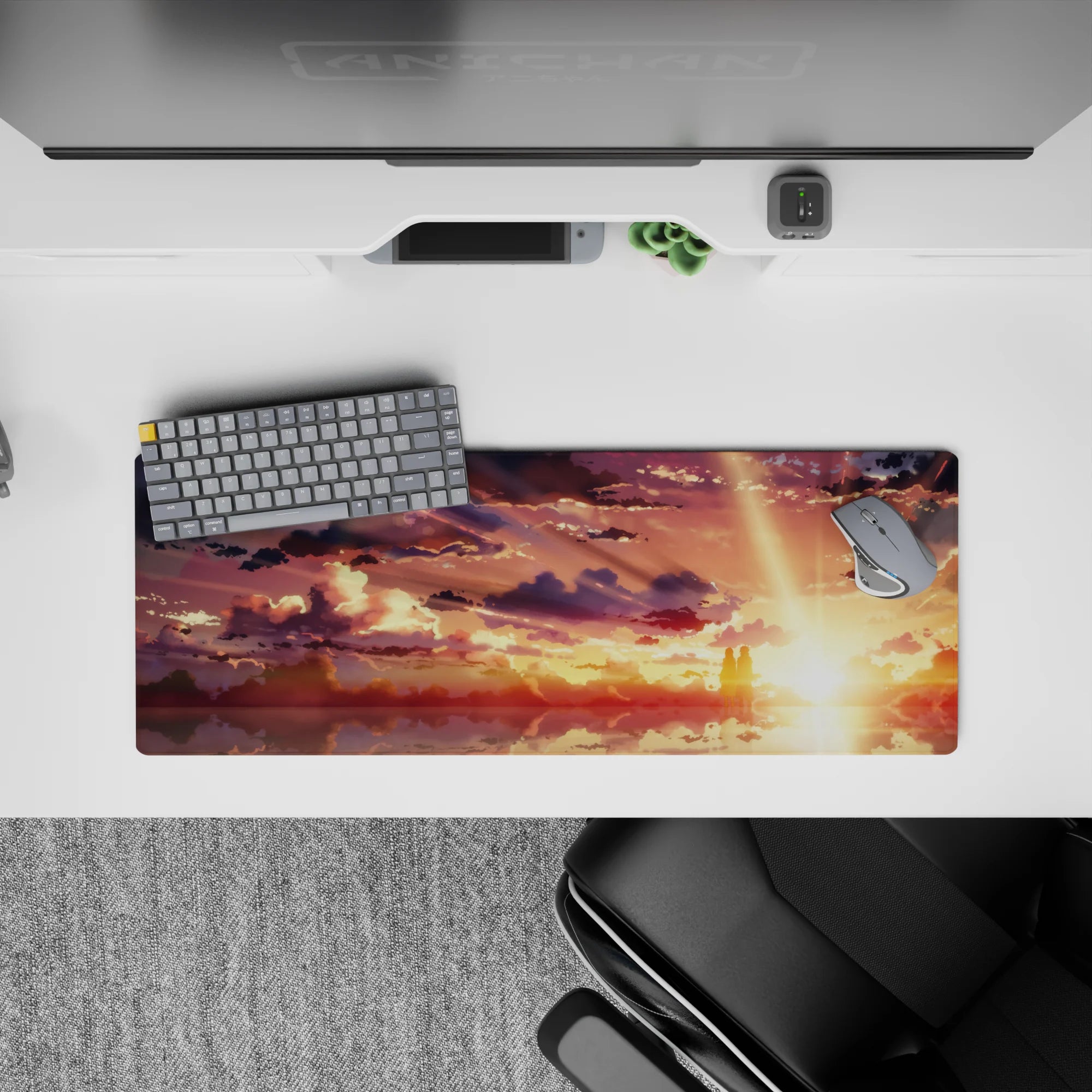 Anime mouse pad 32x12 inches, featuring a serene anime scene with golden skies and dreamy clouds, perfect for a desk.