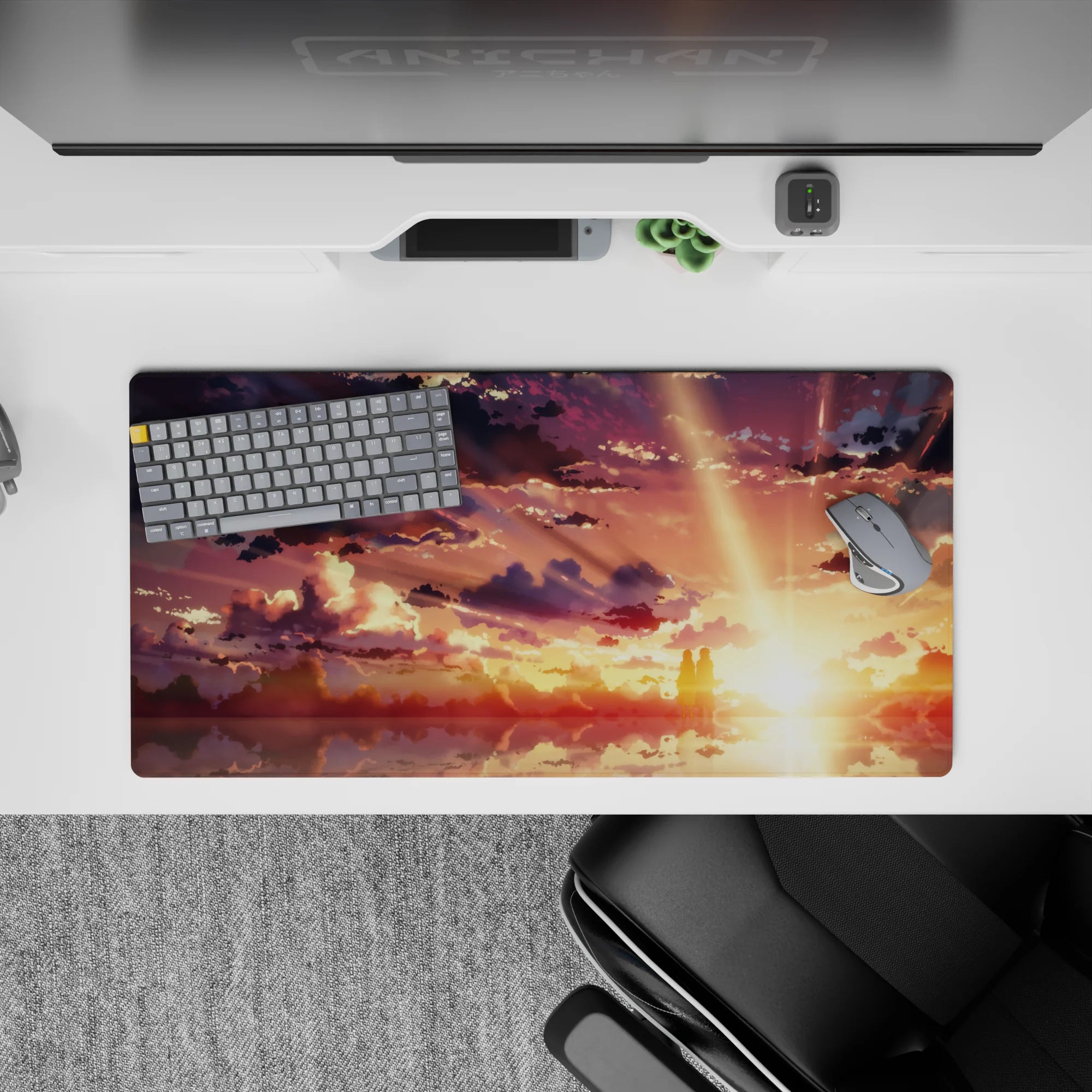 Anime mouse pad 32x16 inches featuring a serene golden sky with silhouettes, dreamy clouds, and warm amber hues.