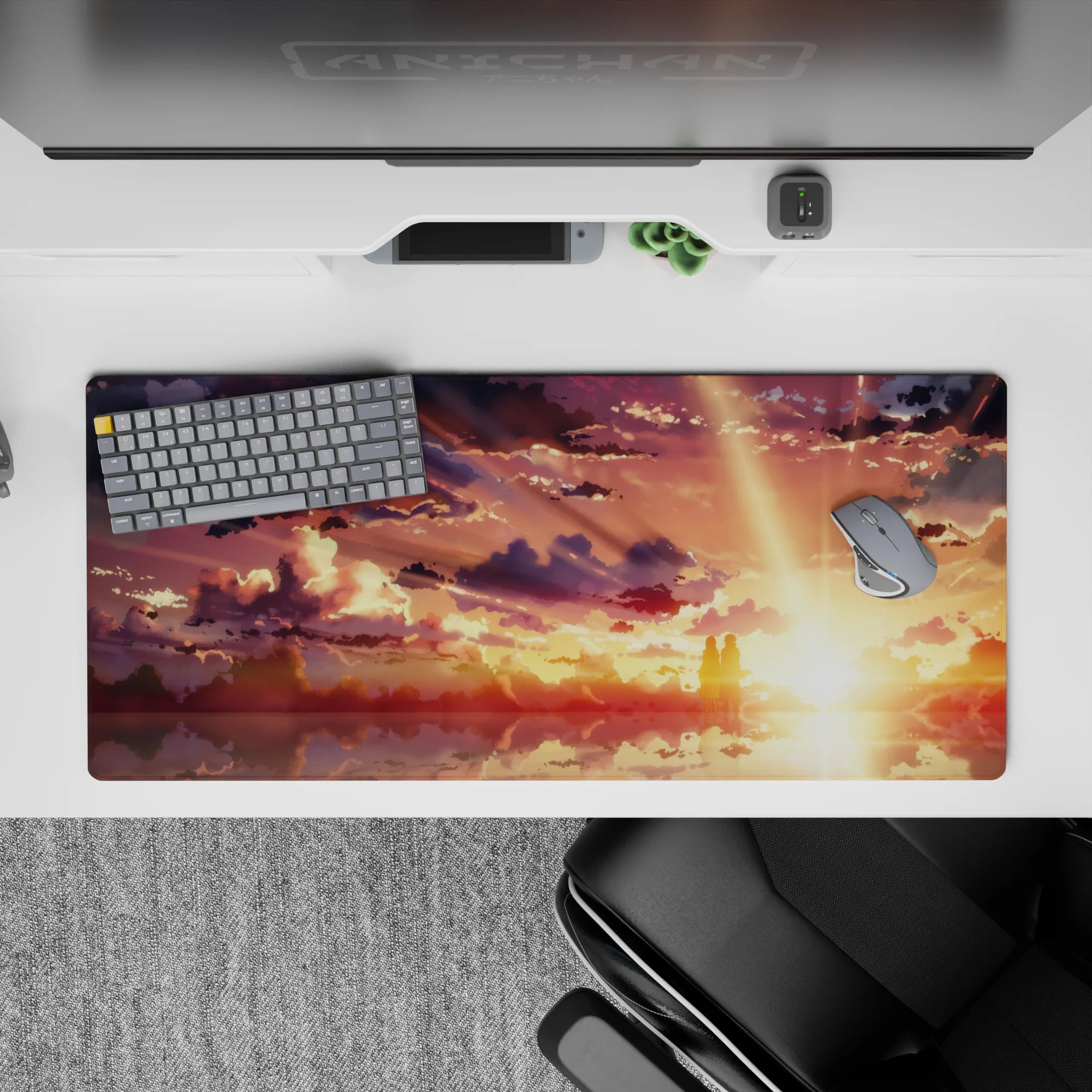 Anime mouse pad 36x16 inches with golden sky, silhouettes, and dreamy clouds, inspired by anime aesthetic, ideal for desks.