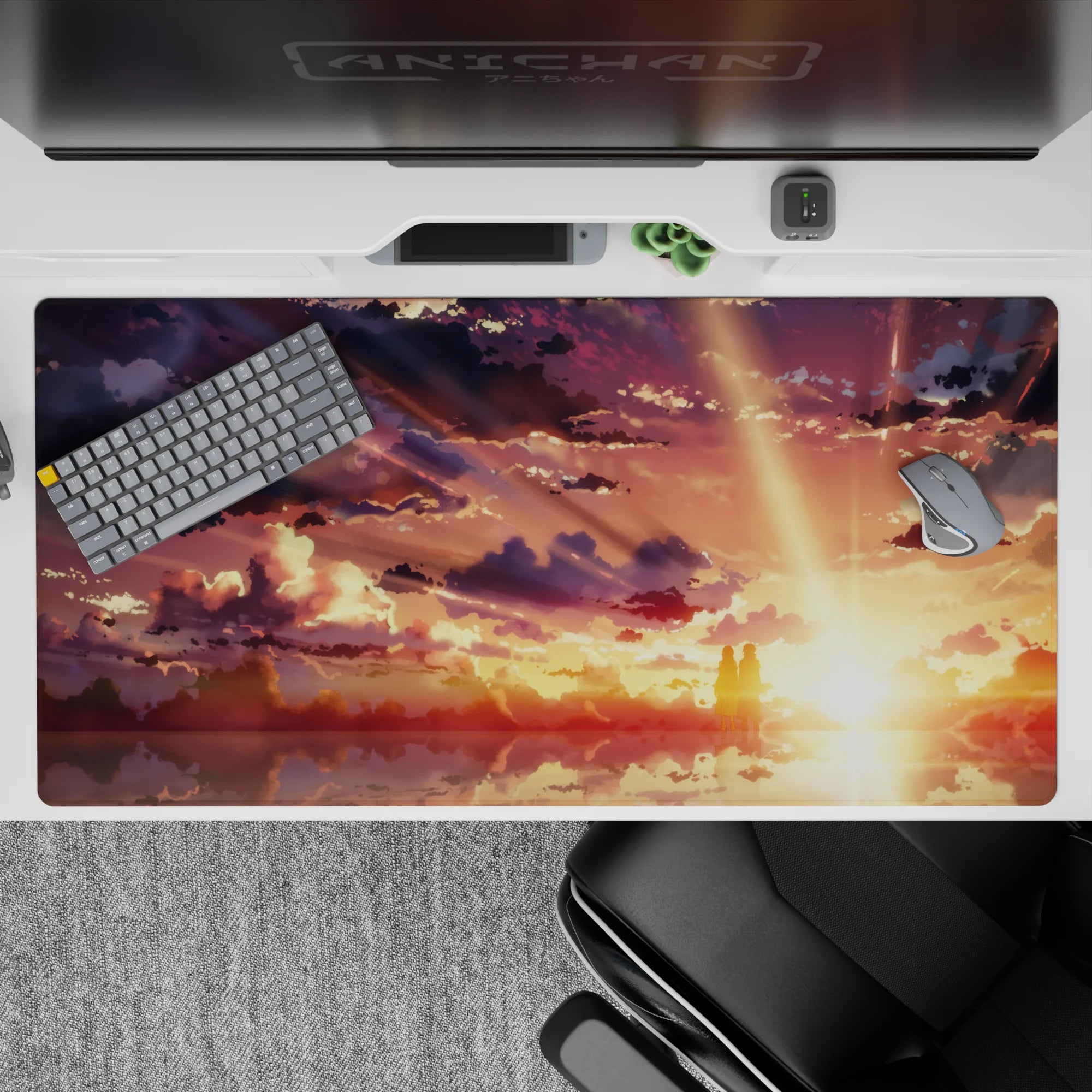 Anime desk pad 40x20 inches featuring silhouettes against a golden sky with dreamy clouds, perfect for anime fans.