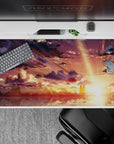 Anime desk pad 40x20 inches featuring silhouettes against a golden sky with dreamy clouds, perfect for anime fans.
