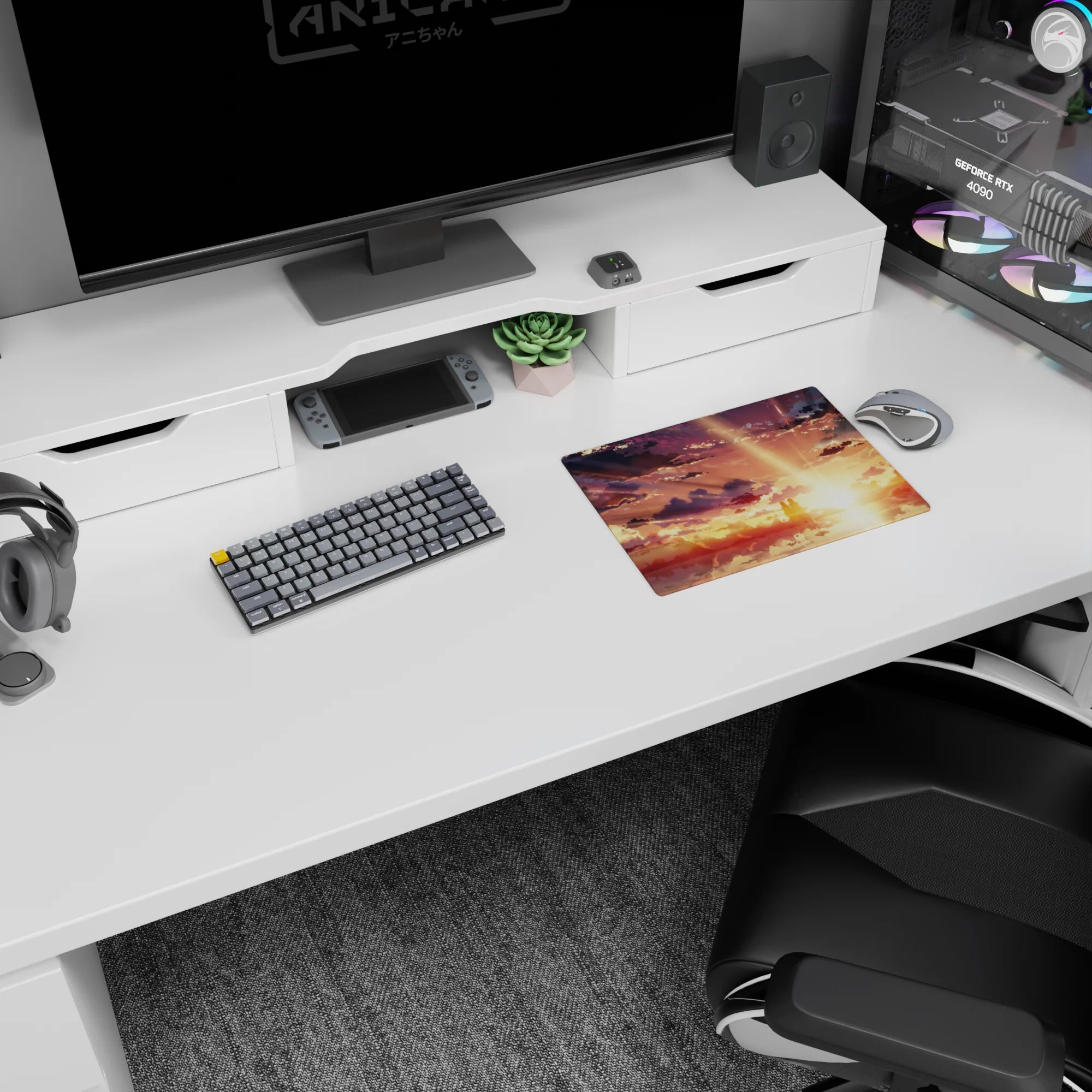 Anime mouse pad 14x10 inches featuring serene silhouettes under a dreamy, golden sky with warm hues of amber, peach, and violet.