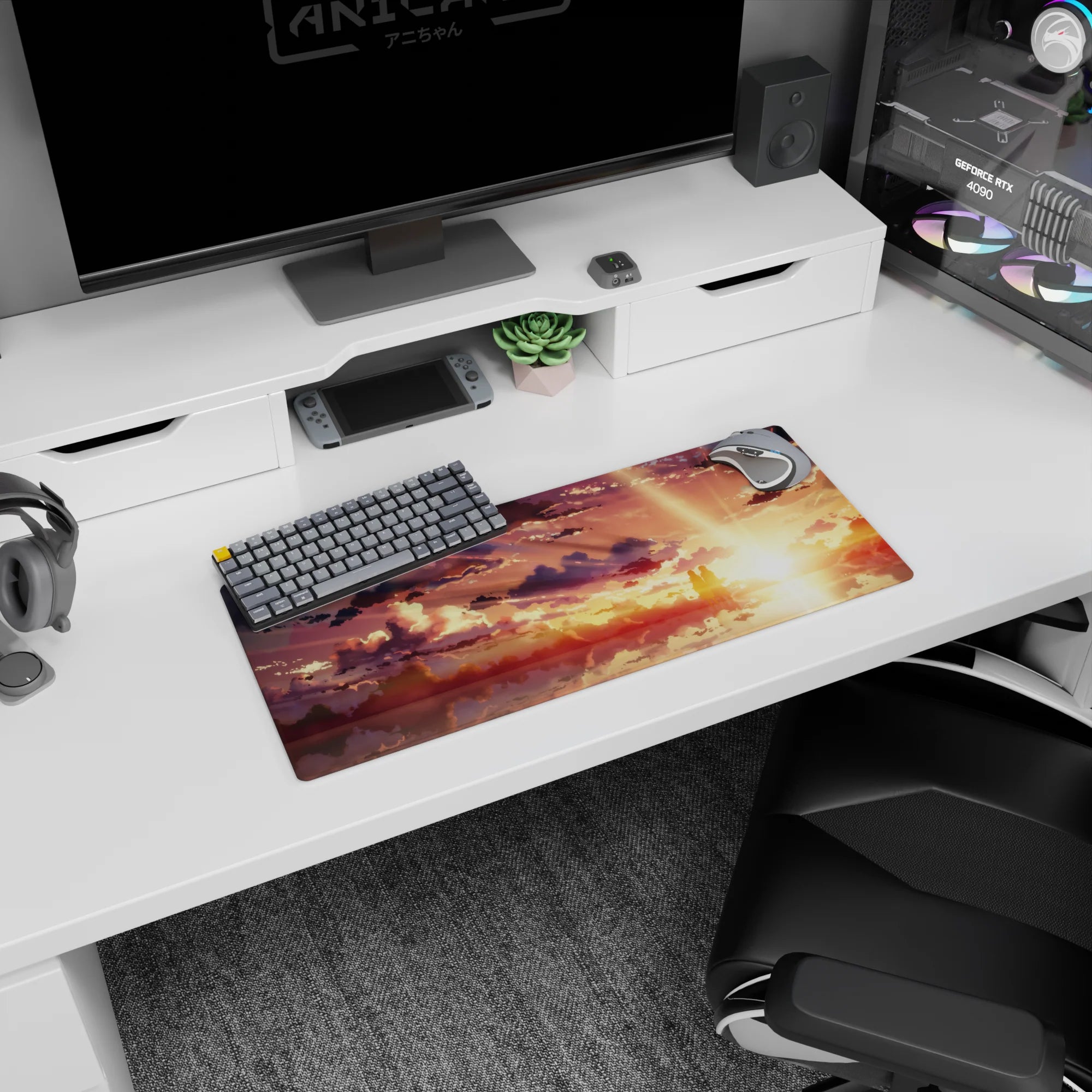 Anime mouse pad 28x12 inches featuring a serene scene with two silhouettes against a golden sky with amber, peach, and violet hues.