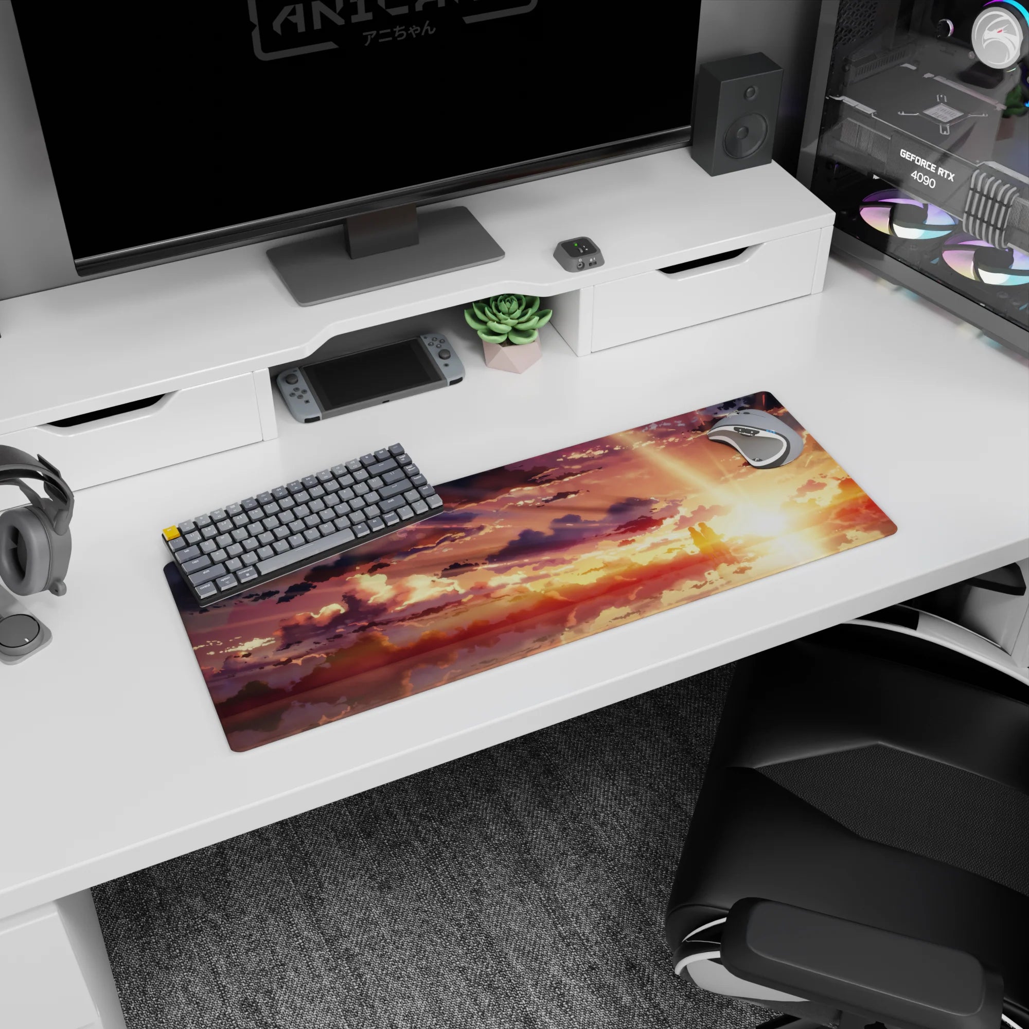Anime mouse pad 32x12 inches featuring serene silhouettes under a golden sky with amber, peach, and violet hues.