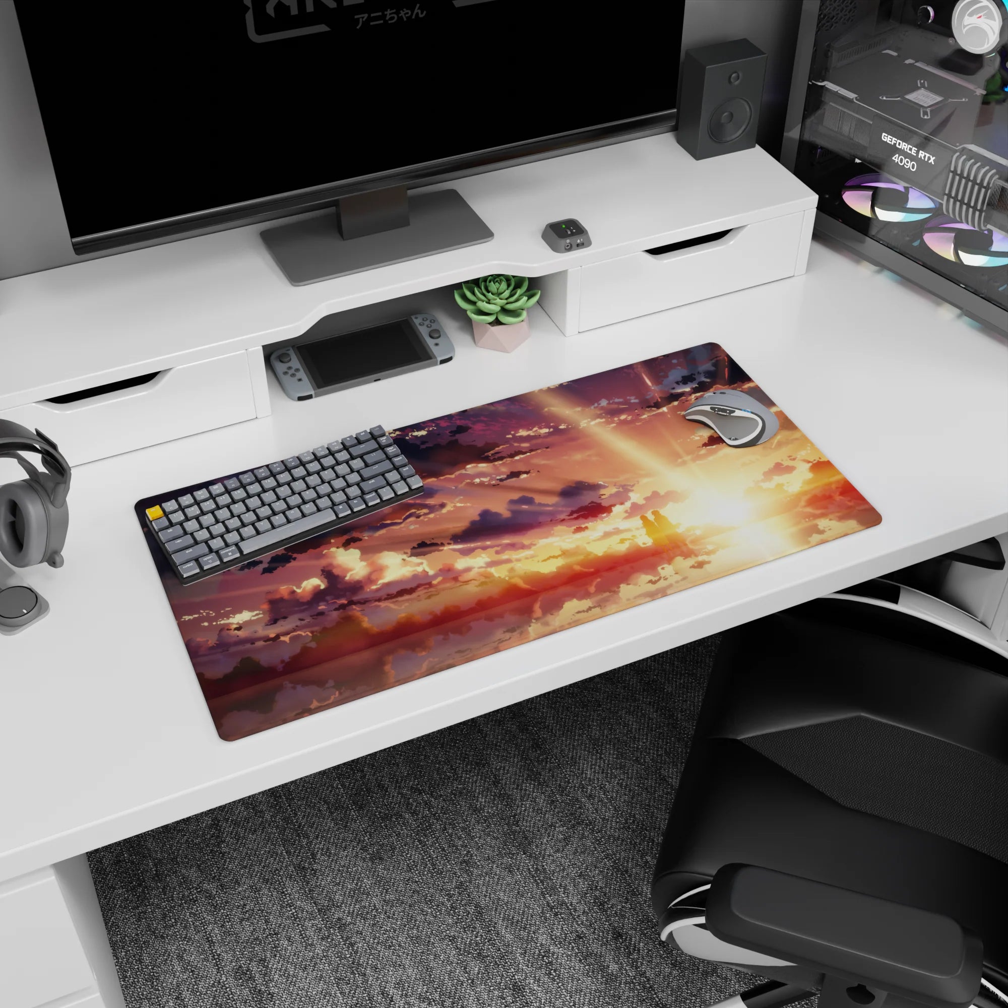 Anime mouse pad 32x16 inches with silhouettes against a golden sky, inspired by serene scenes from popular anime.