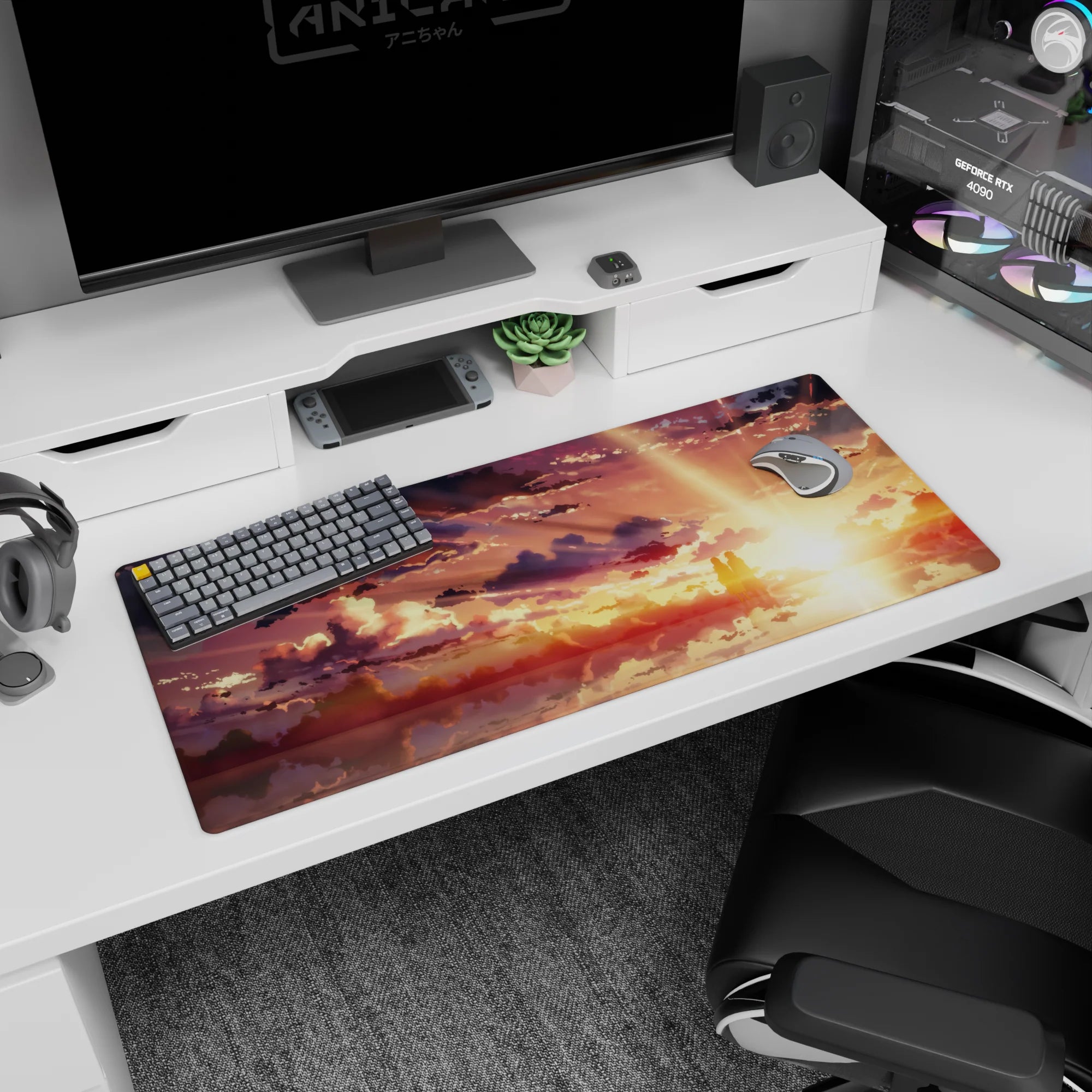 Anime desk pad 36x16 inches featuring silhouettes against a golden sky with warm amber, peach, and violet hues.