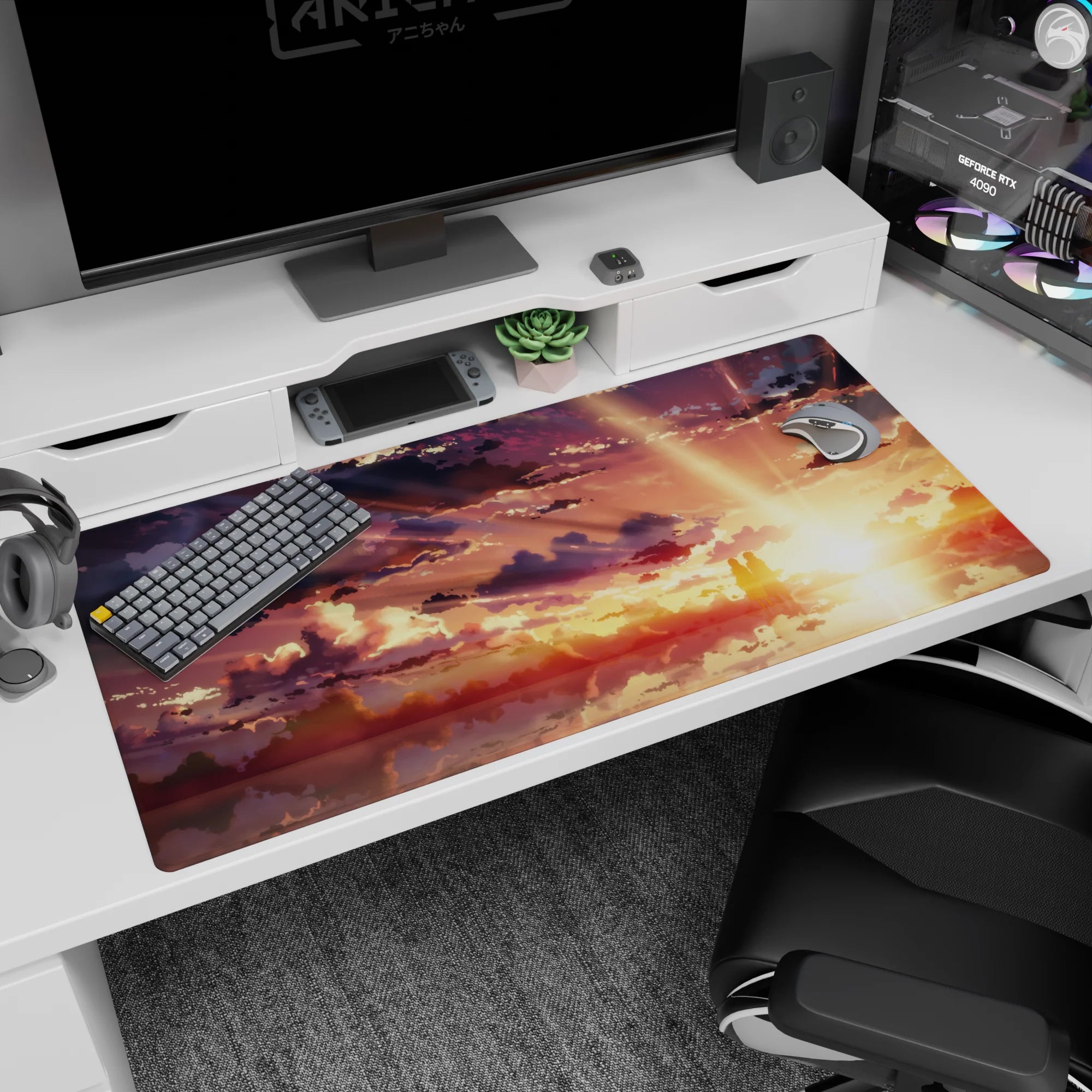 Anime desk pad 40x20 inches featuring serene silhouettes under a golden sky, with dreamy clouds in amber, peach, and violet.
