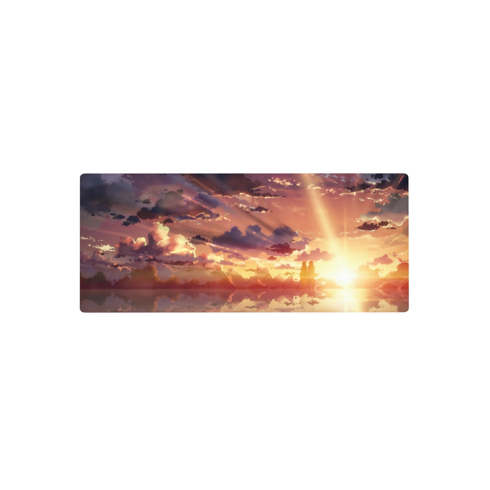 Anime mouse pad 28x12 inches featuring silhouettes against a golden sky of amber, peach, and violet with dreamy clouds.