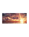 Anime mouse pad 28x12 inches featuring silhouettes against a golden sky of amber, peach, and violet with dreamy clouds.
