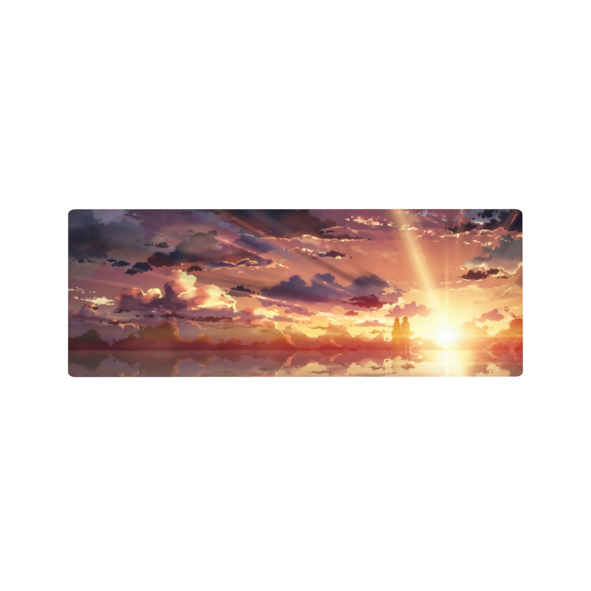Anime mouse pad, 32x12 inches, features two silhouettes against a golden sky with amber, peach, and violet hues.