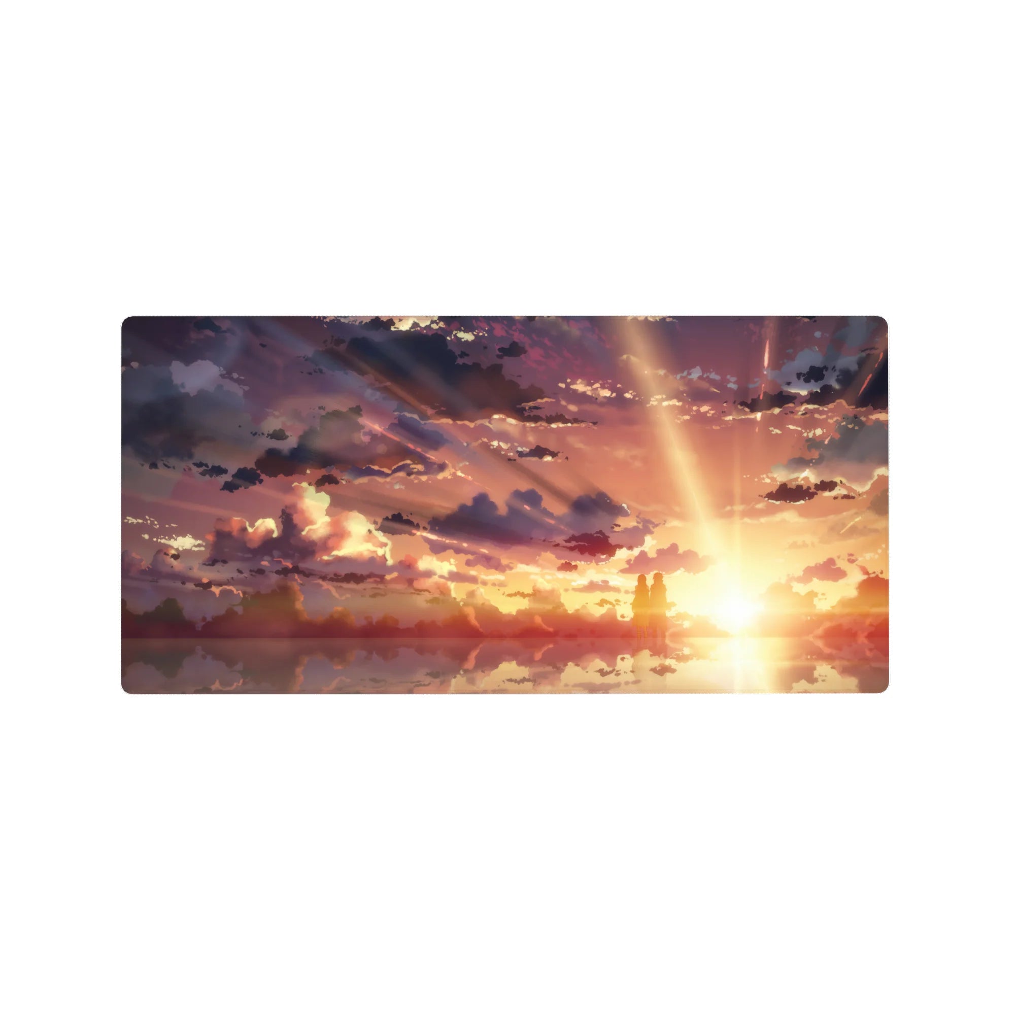 Anime mouse pad 32x16 inches featuring silhouettes against a golden sky with amber, peach, and violet hues.