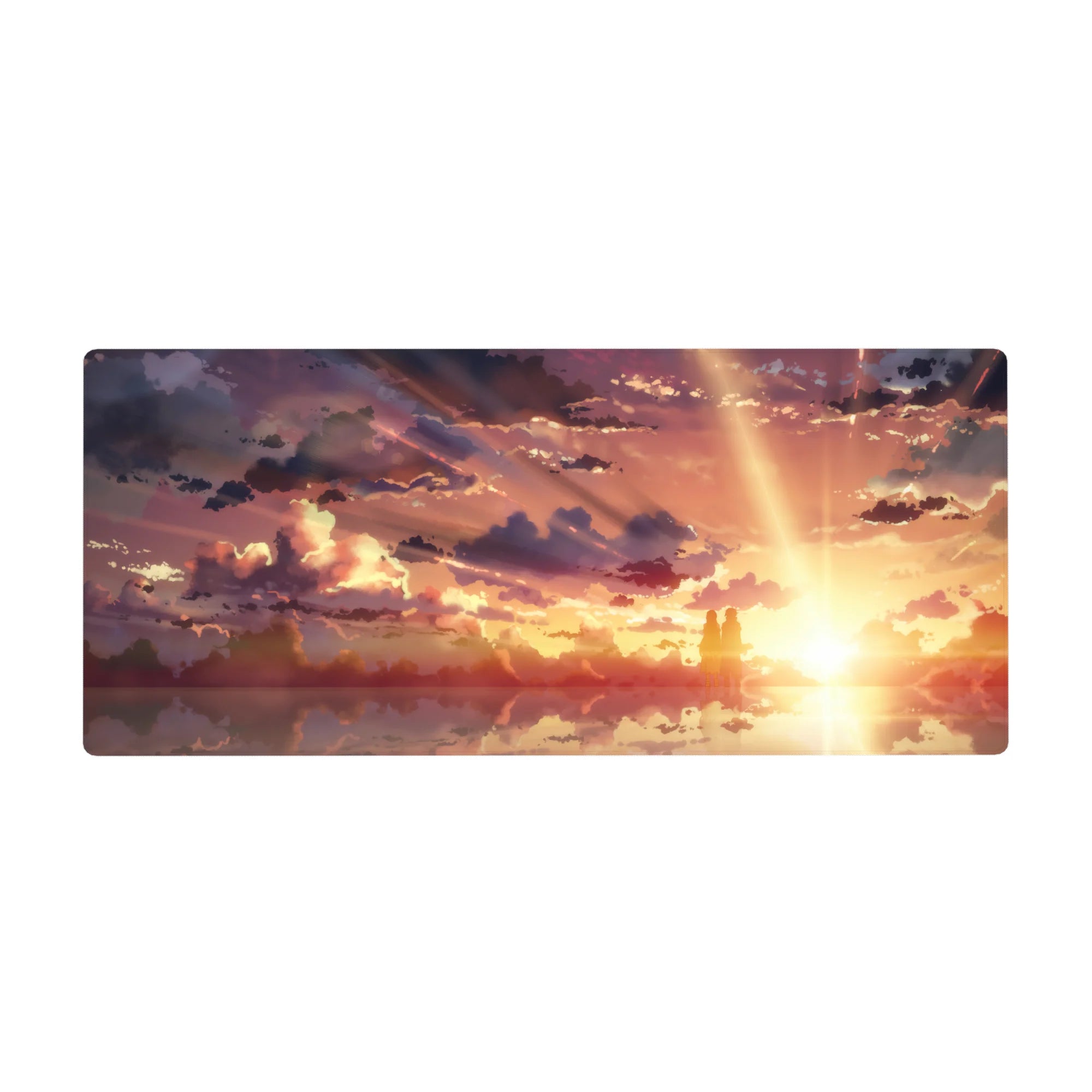 Anime mouse pad 36x16 inches featuring silhouettes under a golden sky with amber, peach, and violet hues, dreamy clouds.