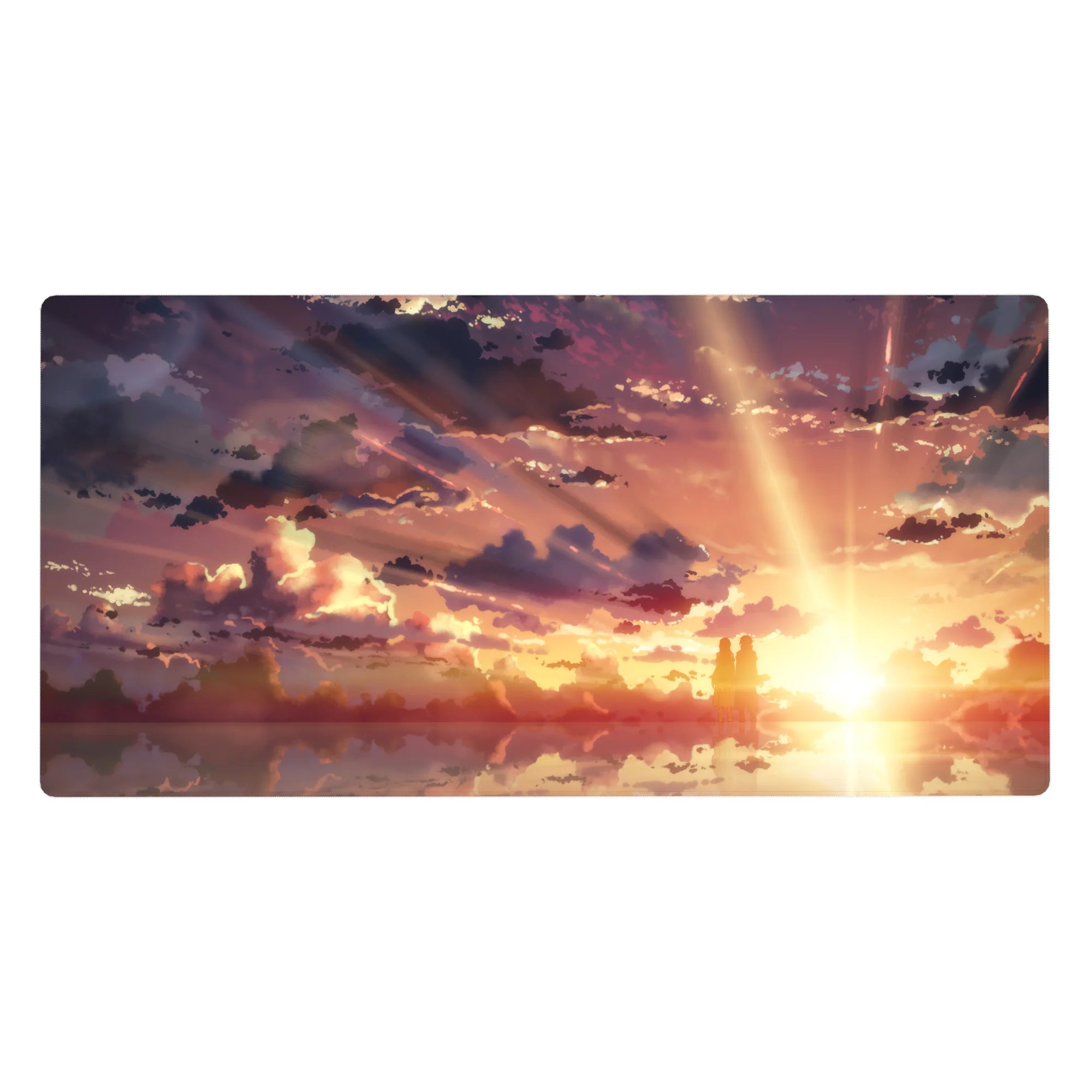 Anime desk pad 40x20 inches with warm amber, peach, violet sky, and two silhouettes in serene silence under dreamy clouds.