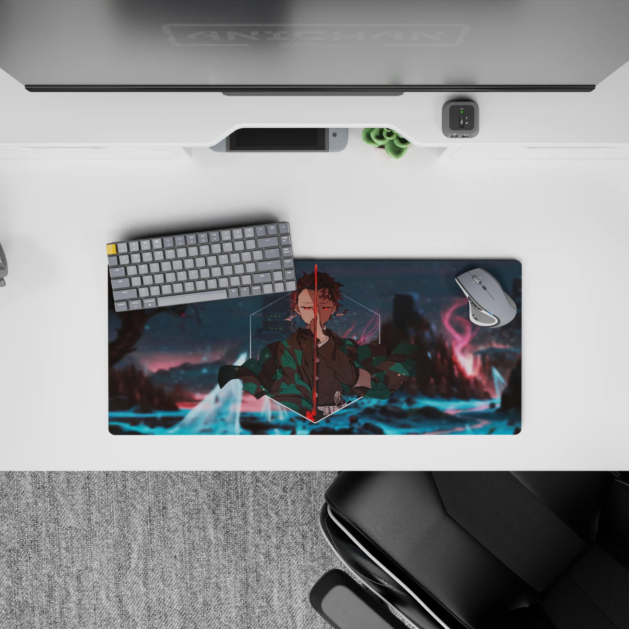 Anime mouse pad 28x12 inches featuring Tanjiro from Demon Slayer, with glowing rivers and embered skies in the background.