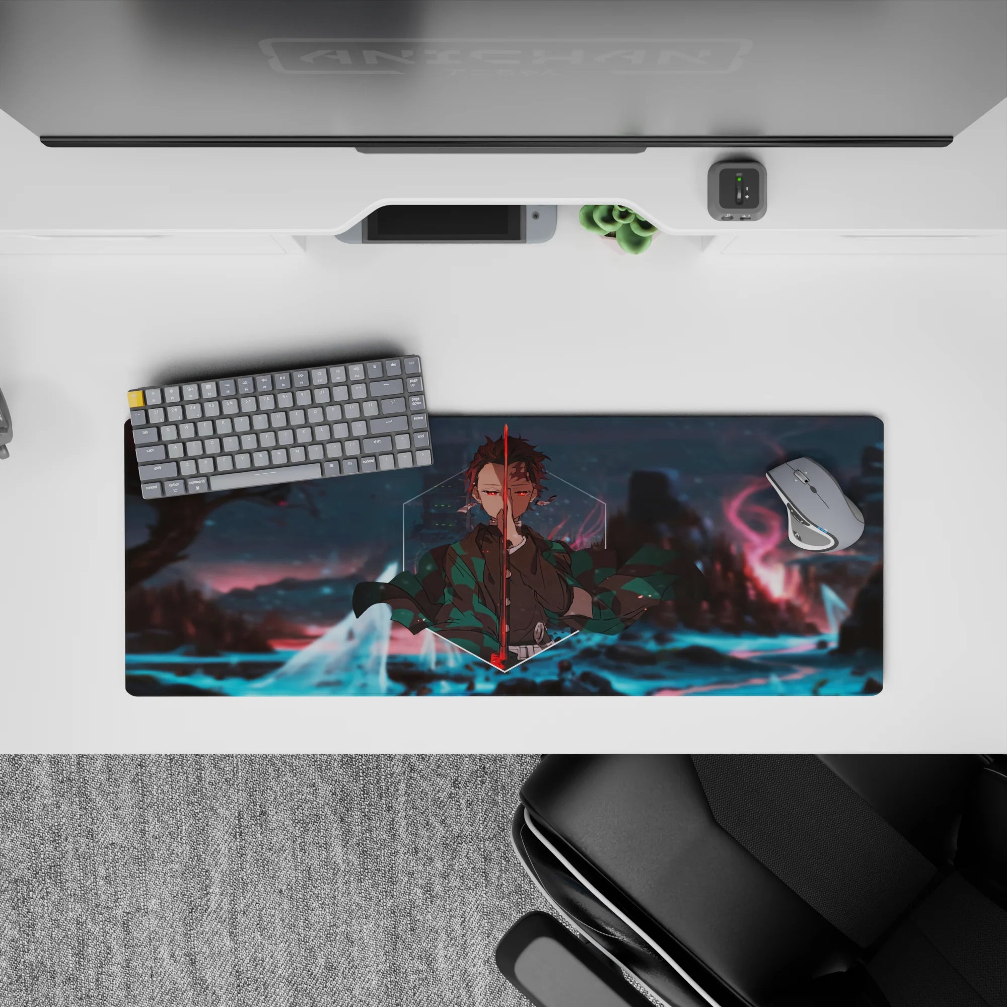Tanjiro from Demon Slayer stands centered in a dreamscape of glowing rivers on a 32x12 inch anime mouse pad.