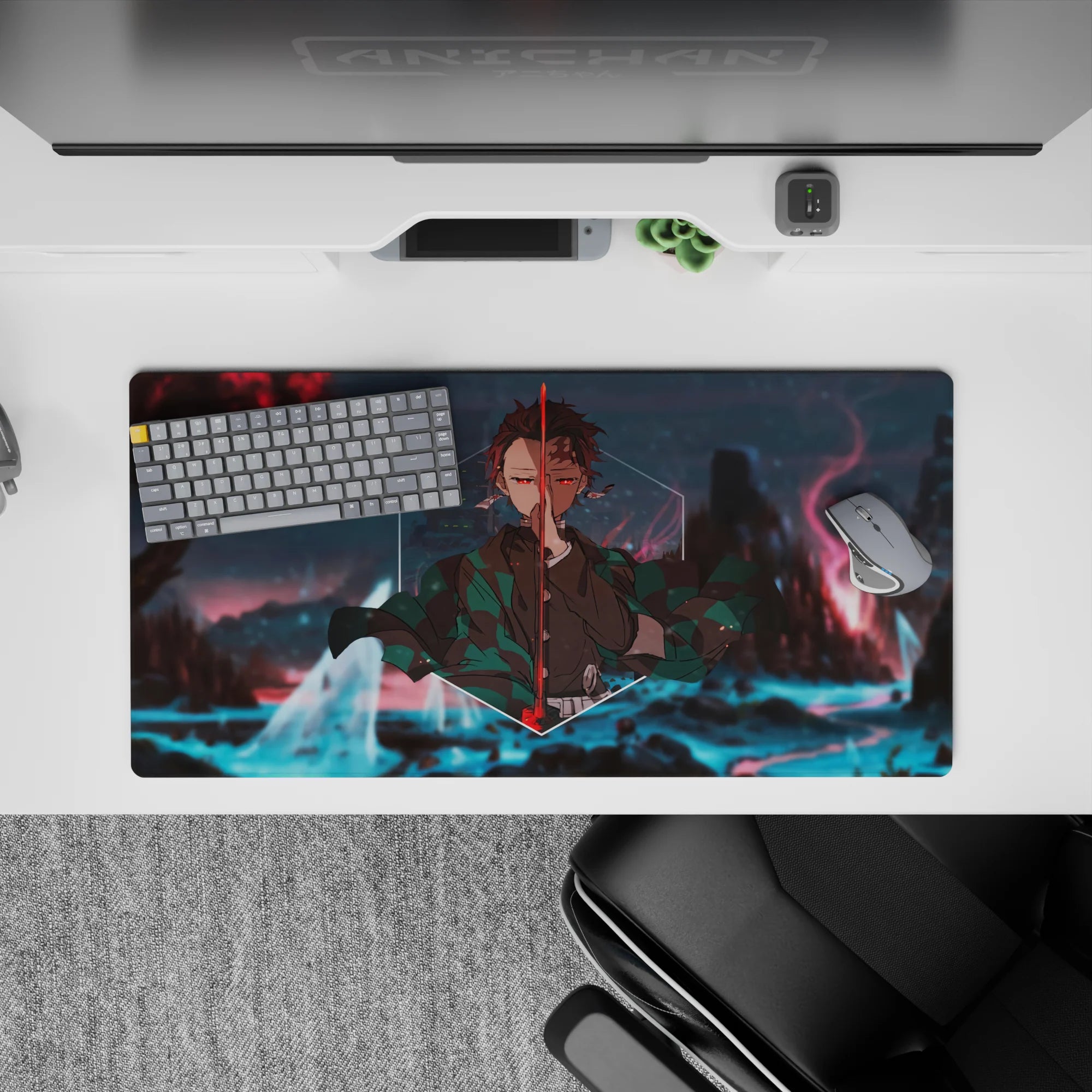 Tanjiro in green-checkered haori from Demon Slayer stands in dreamscape; 32x16 inch anime mouse pad, ideal for gaming.