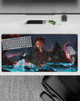 Tanjiro in green-checkered haori from Demon Slayer stands in dreamscape; 32x16 inch anime mouse pad, ideal for gaming.