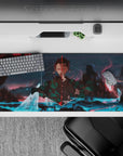 Tanjiro from Demon Slayer on a 36x16 inch desk pad, in a dreamscape with glowing rivers and embered skies, ideal for gaming.