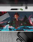 Tanjiro from Demon Slayer on a 40x20 inch anime desk pad, with green-checkered haori in a vibrant dreamscape.