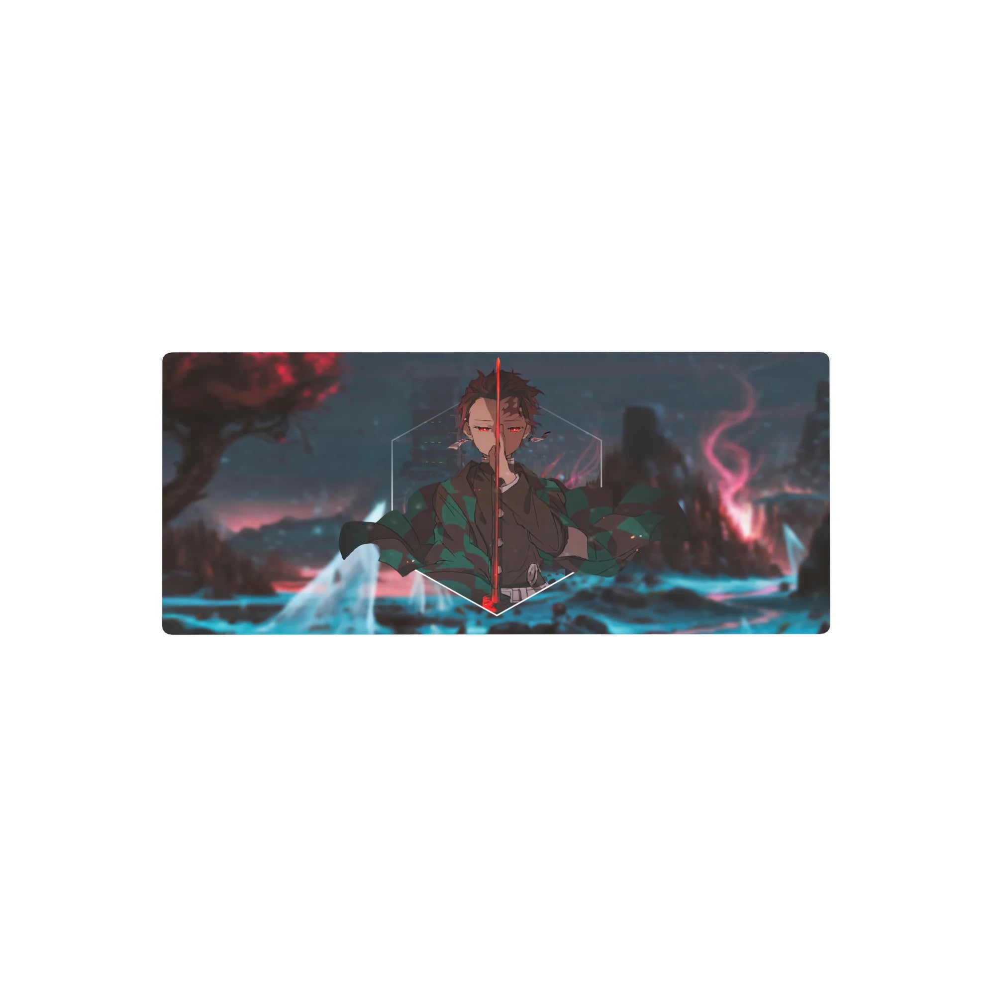 Tanjiro on a 28x12 inch anime mouse pad, set in a dreamscape from Demon Slayer, ideal for intense gaming sessions.