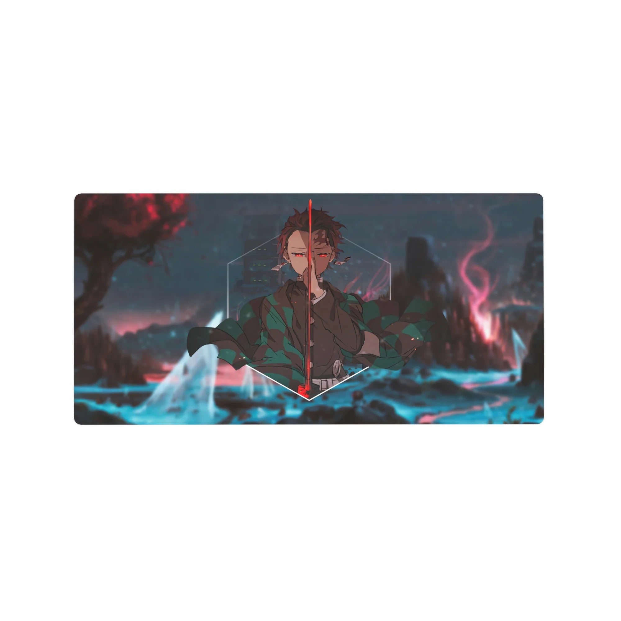 Tanjiro from Demon Slayer, centered on a 32x16 inch anime mouse pad, amid glowing rivers and embered skies, exudes calm focus.