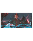Tanjiro from Demon Slayer, centered on a 32x16 inch anime mouse pad, amid glowing rivers and embered skies, exudes calm focus.