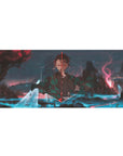 Tanjiro from Demon Slayer in a dreamlike landscape, 36x16 inches anime mouse pad, ideal for intense gaming or work.