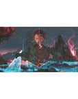 Tanjiro from Demon Slayer stands amidst glowing rivers and embered skies on a 40x20 inch anime desk pad.