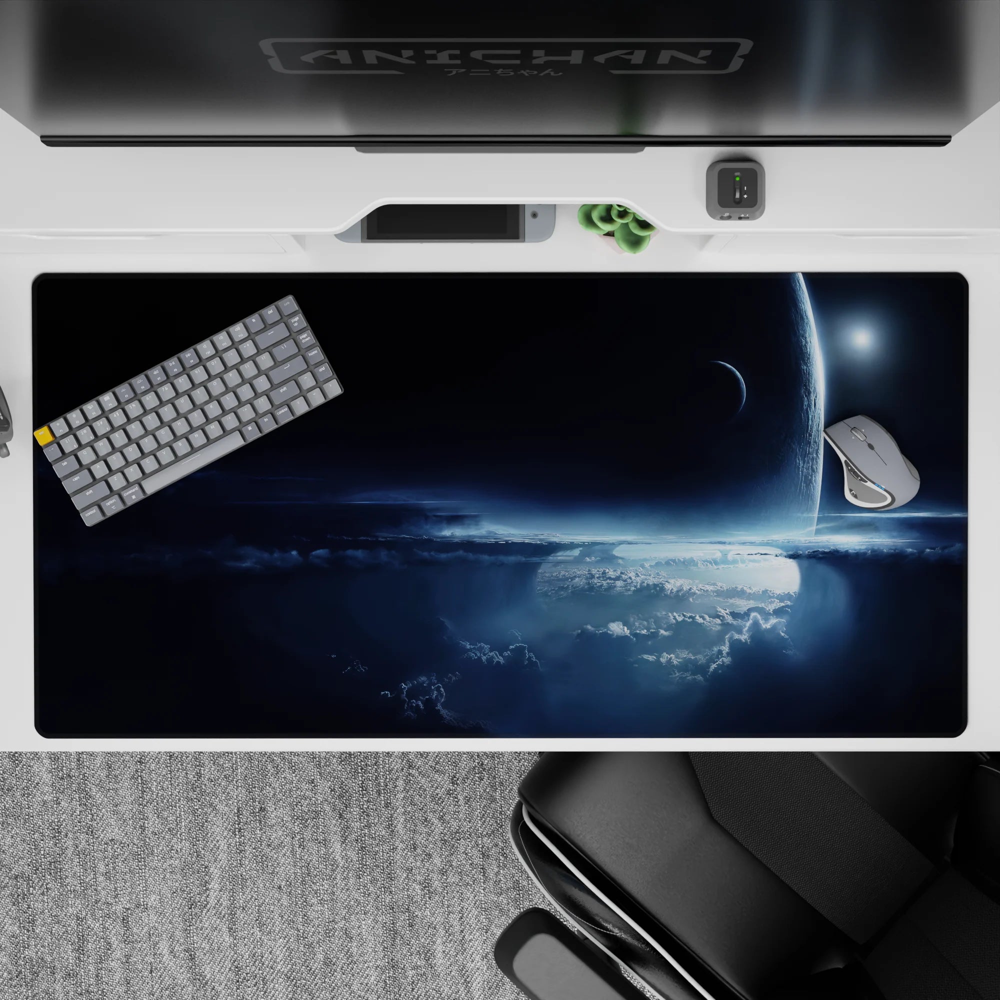 Moody navy-to-icy blue desk pad 40x20 inches with dreamy cosmic mist and sharp light accents.