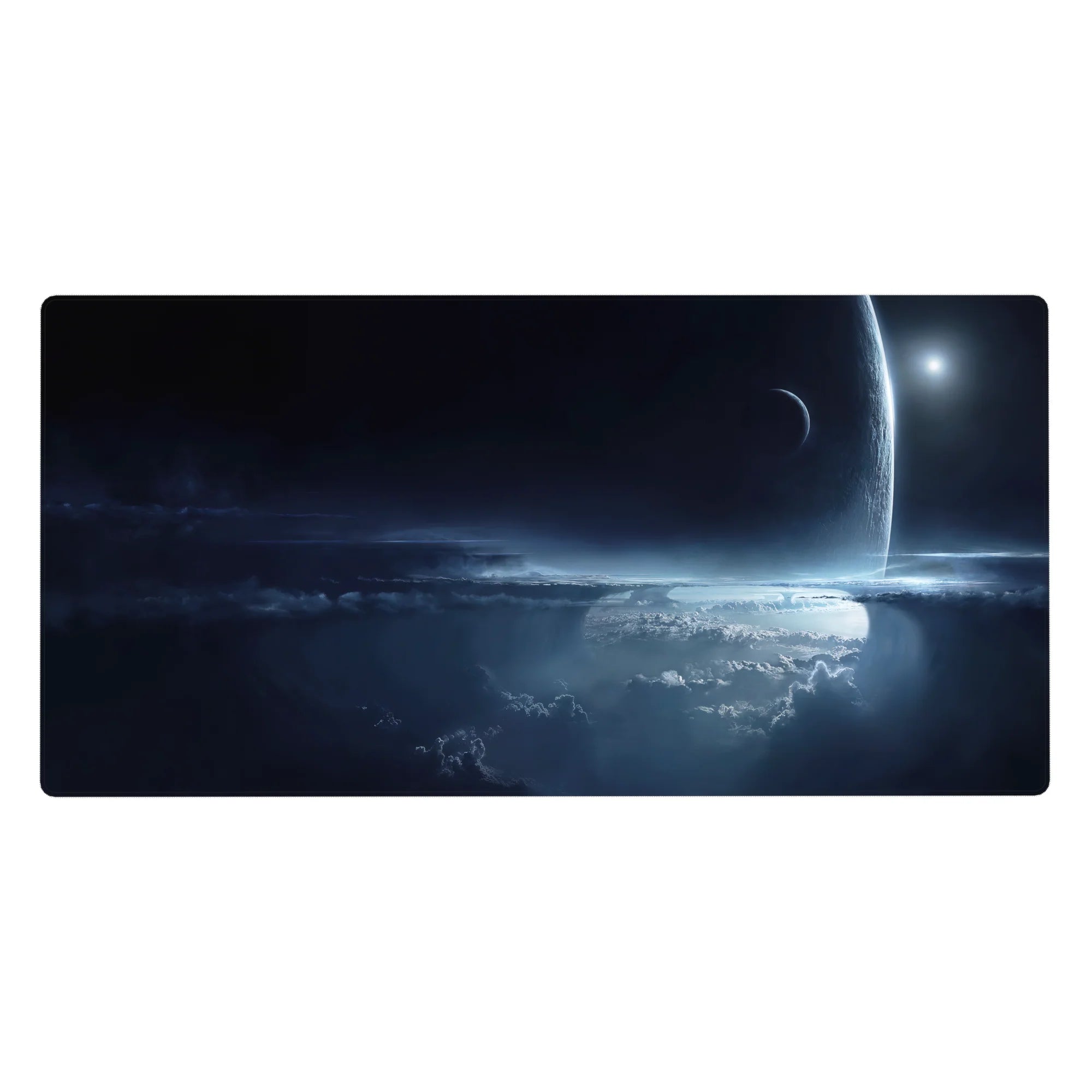 Midnight galaxy desk pad 40x20 inches with deep navy space clouds and glowing planet horizon.