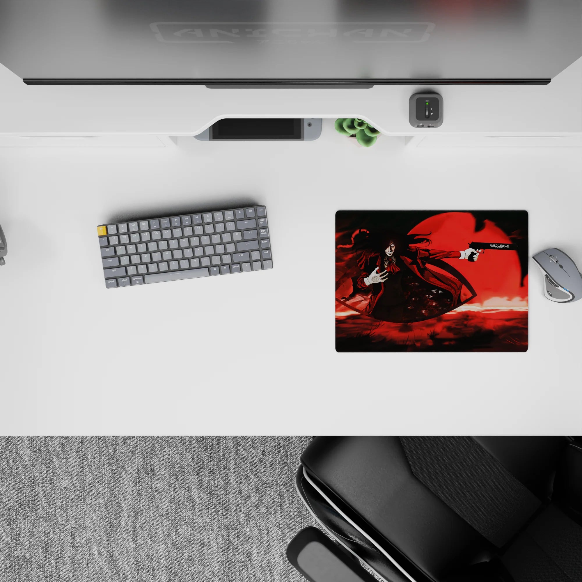 Crimson, black, and smoky shadow anime mouse pad 14x10 inches with dark gothic mood and sharp contrast.