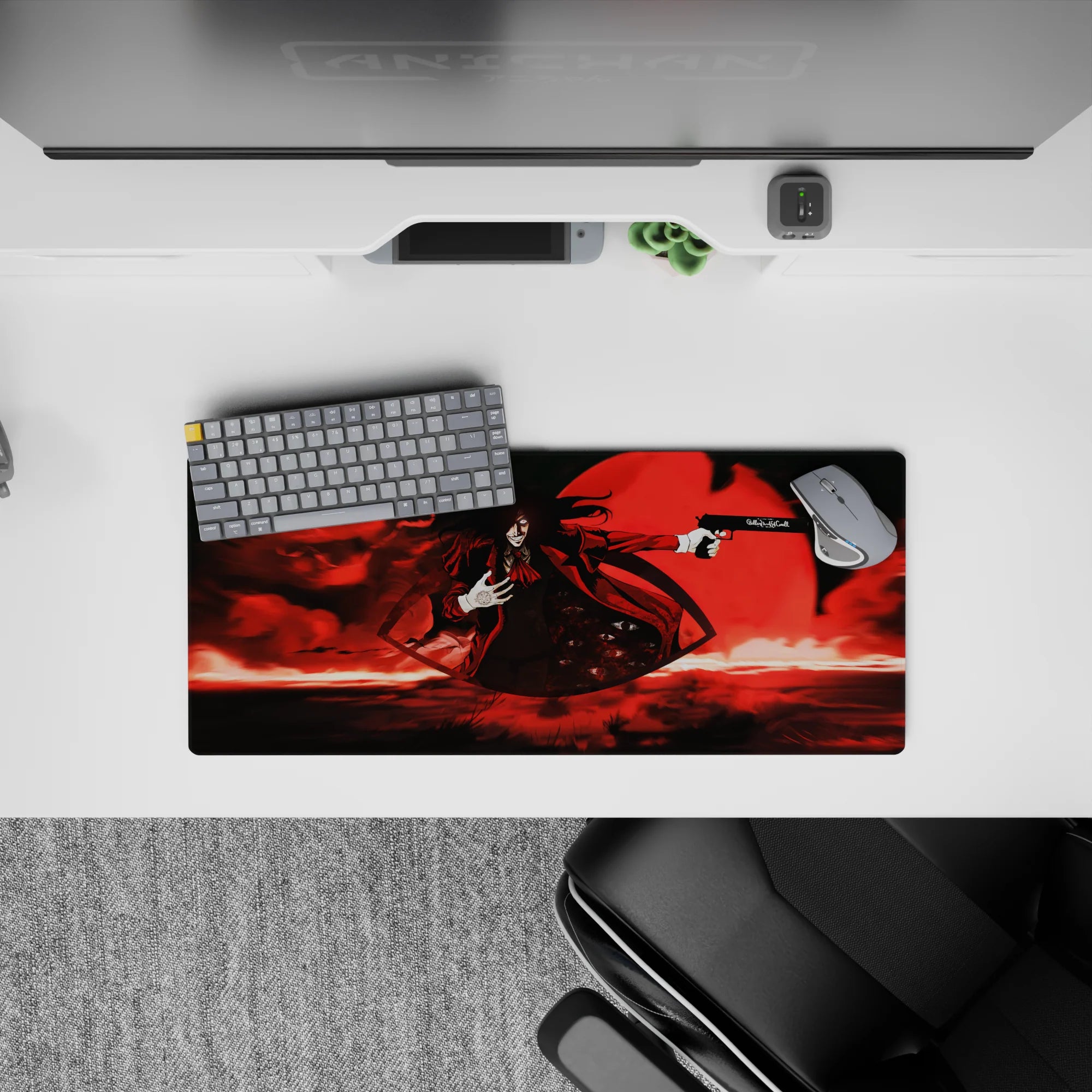 28x12 inches gothic anime mouse pad in deep blacks and scarlets, smoky shadows, moody crimson night.