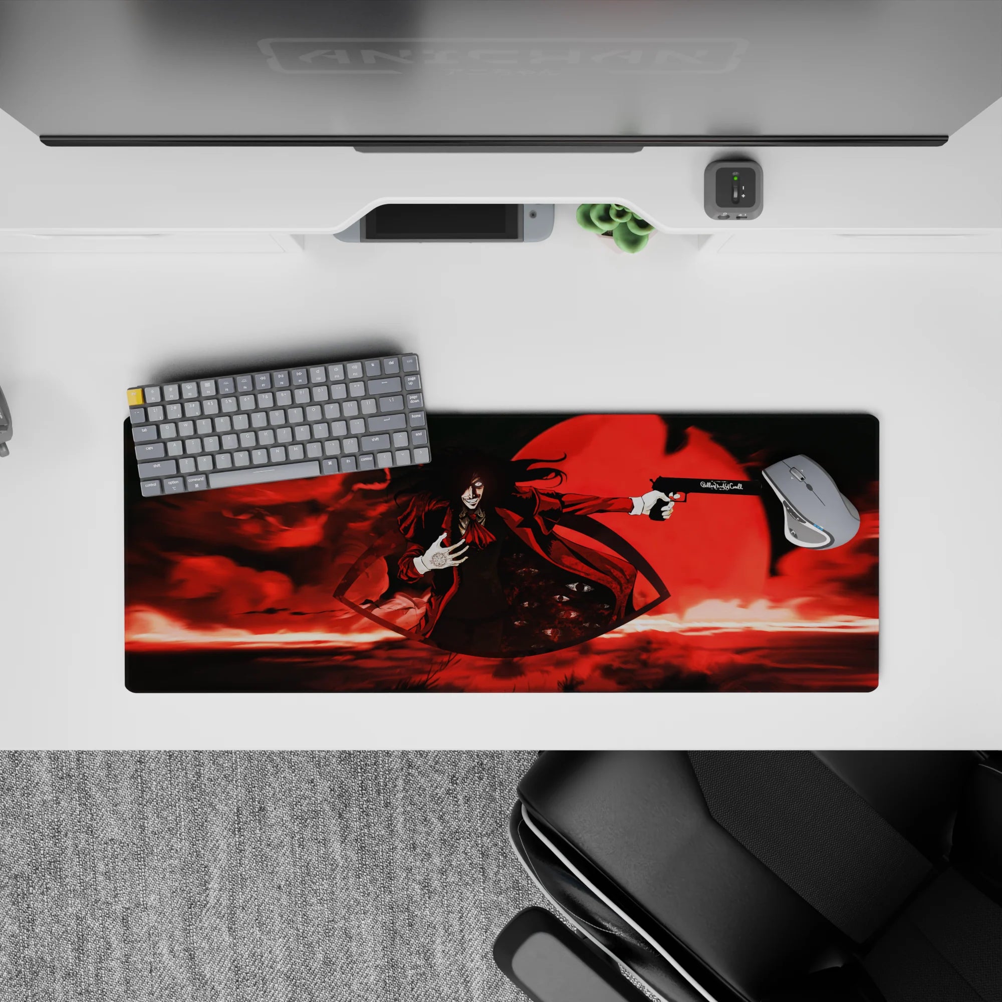 32x12 inches anime mouse pad in black and scarlet smoke, crimson night vibe, high-contrast RGB look.