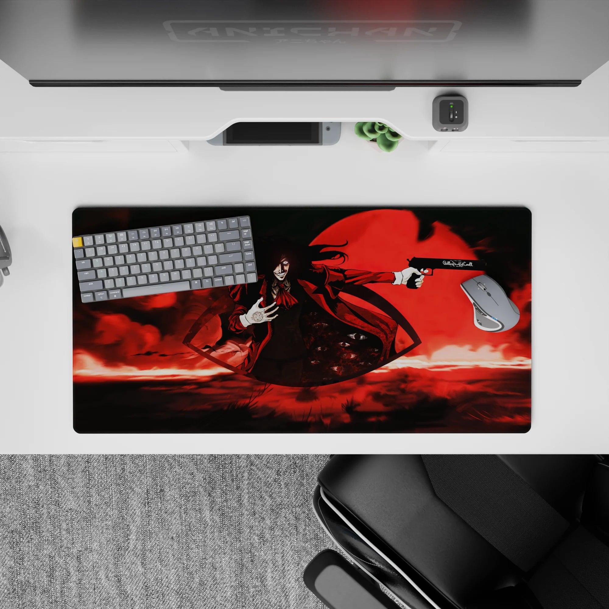 32x16 inches gothic anime mouse pad in deep black and scarlet tones, crimson night haze, dramatic contrast.