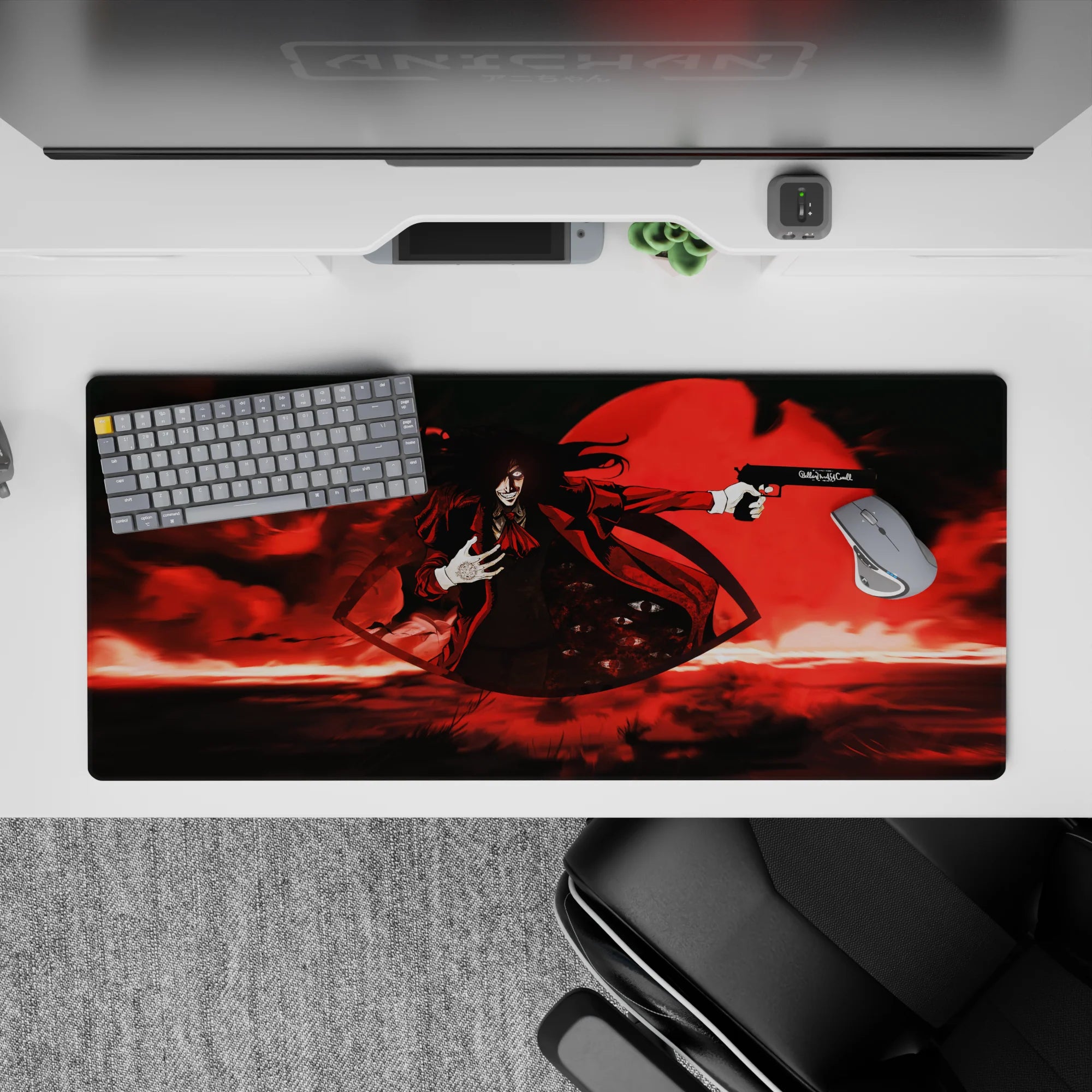 36x16 inches anime desk pad in smoky blacks and deep crimson, dark gothic vibe that pops under RGB.