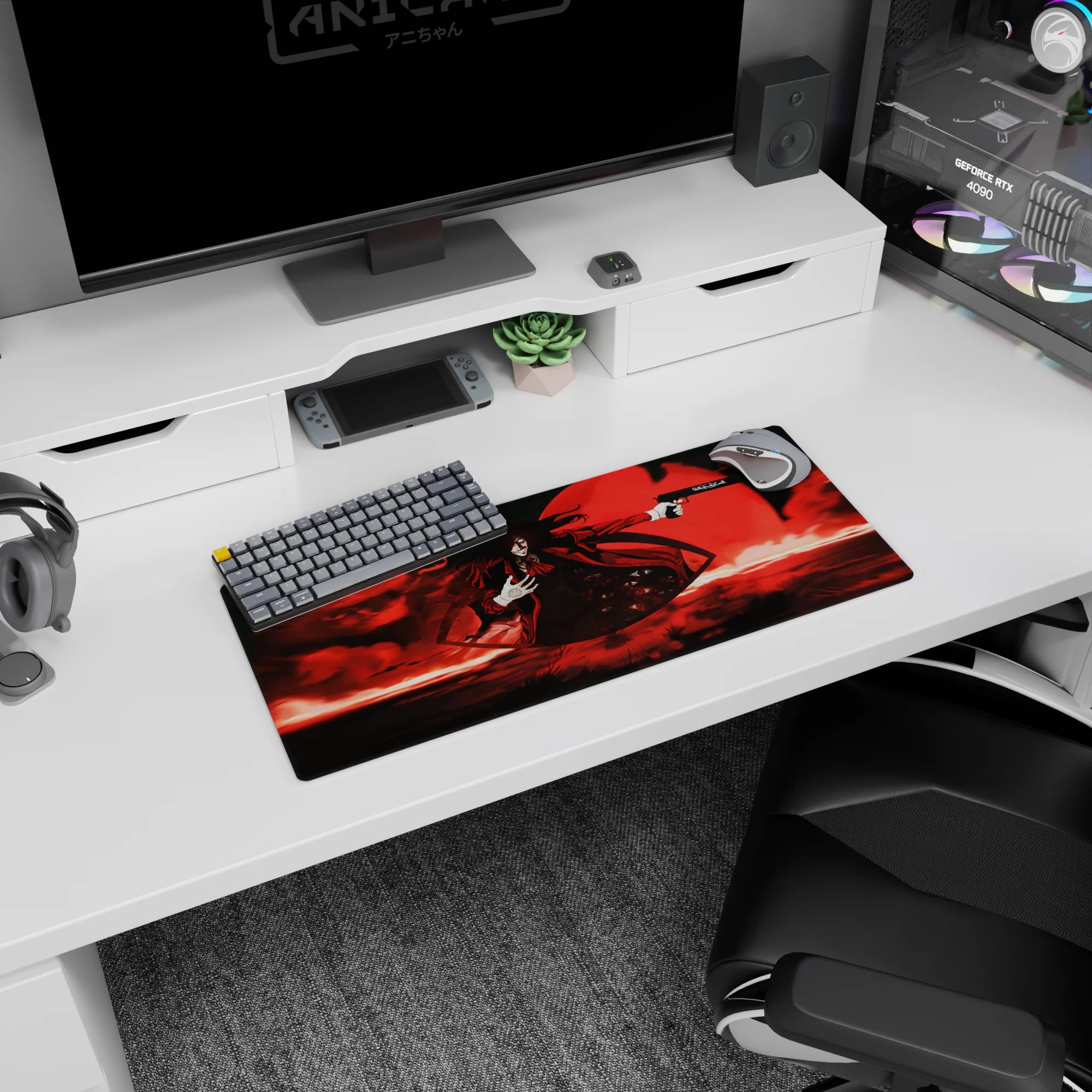28x12 inches desk mat showing Alucard grinning, hand to chest, aiming a long pistol before a red moon.