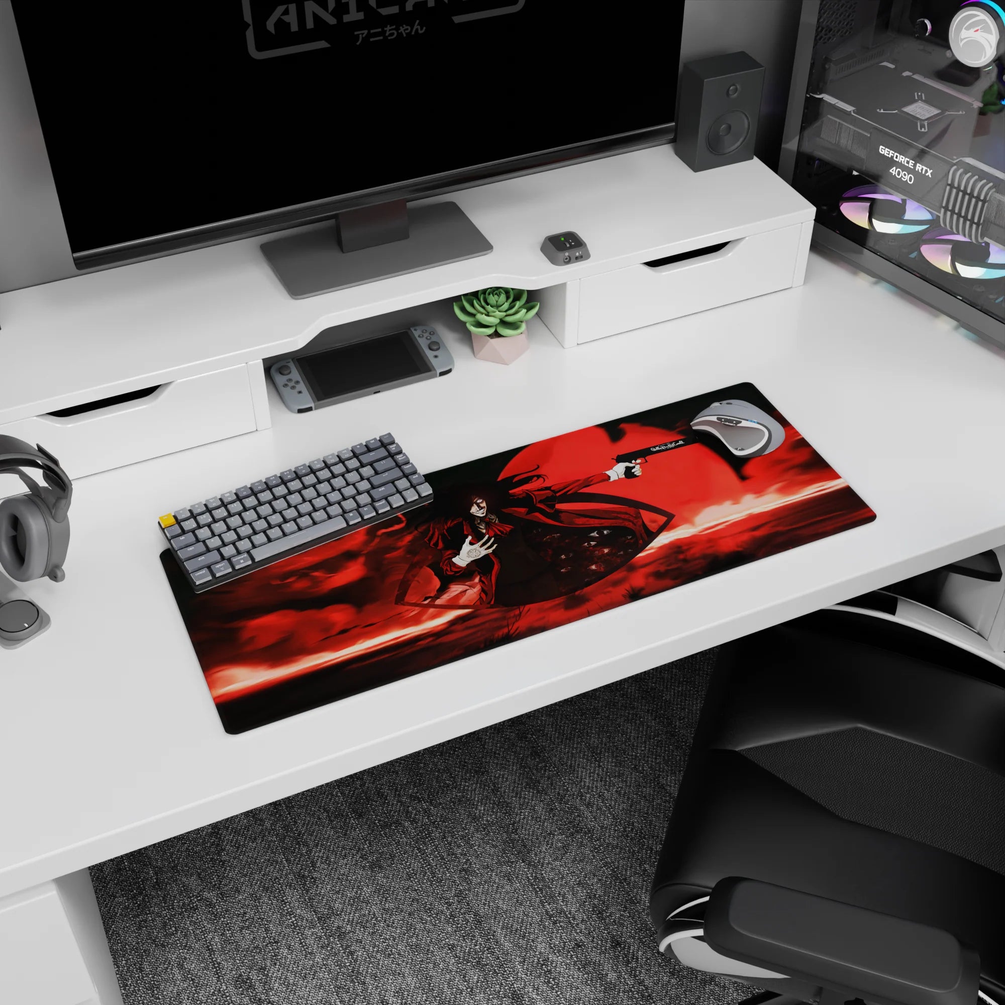 32x12 inches anime mouse pad showing Alucard grinning, coat flaring, one hand on chest, gun aimed.