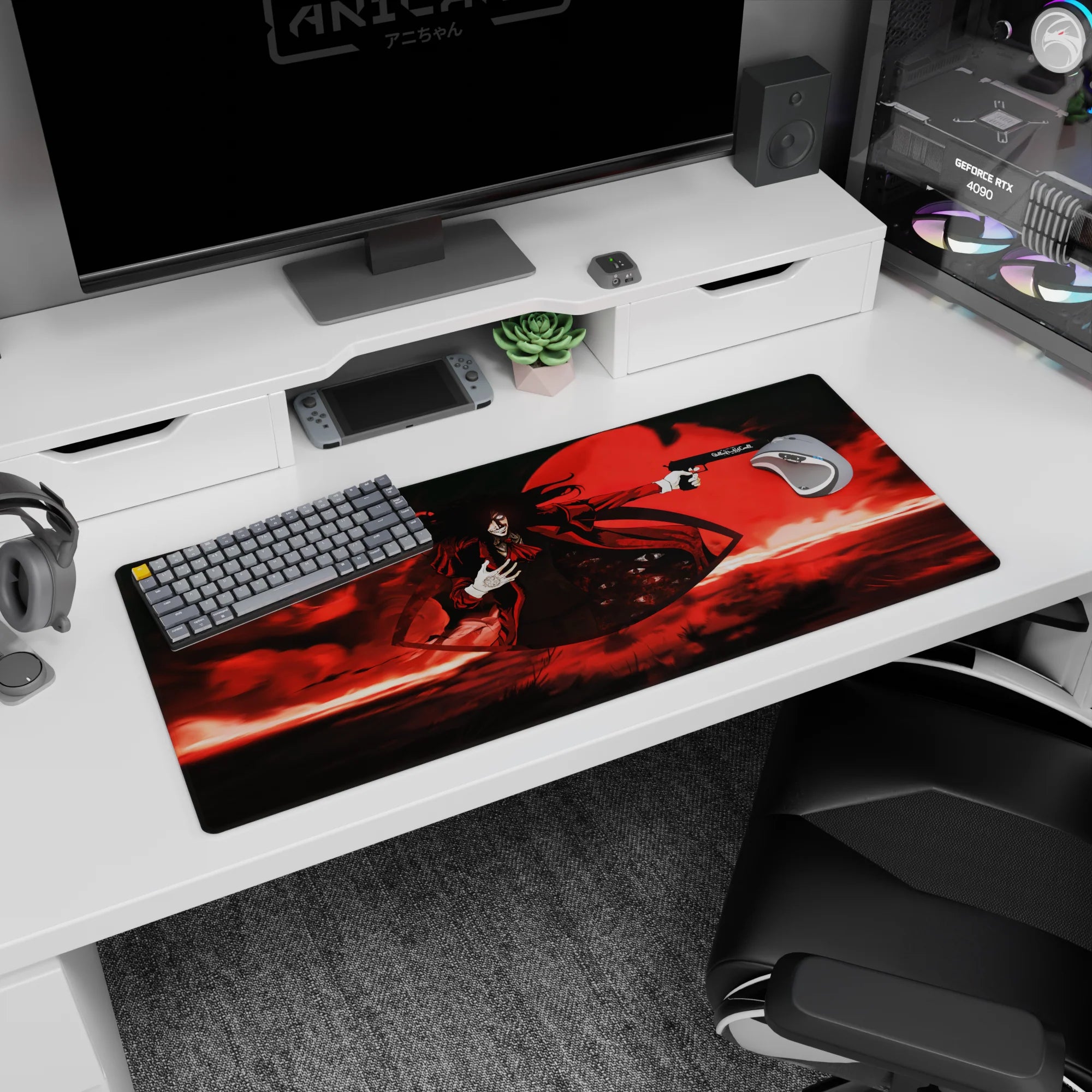 36x16 inches anime desk pad showing Alucard grinning, hand to chest, aiming a long pistol at night.
