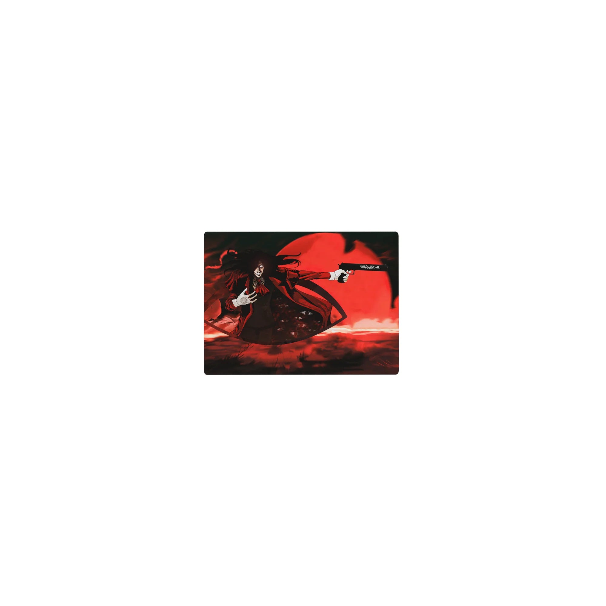 Classic anime mouse pad 14x10 inches with Alucard before a blood-red moon, pistol raised, gothic style.