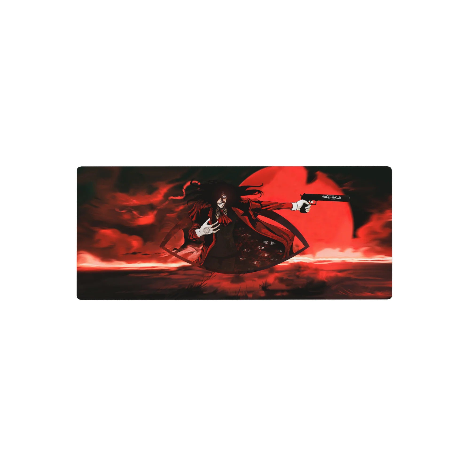 28x12 inches anime mouse pad with Alucard under a blood-red moon, black coat flare and pistol pose.