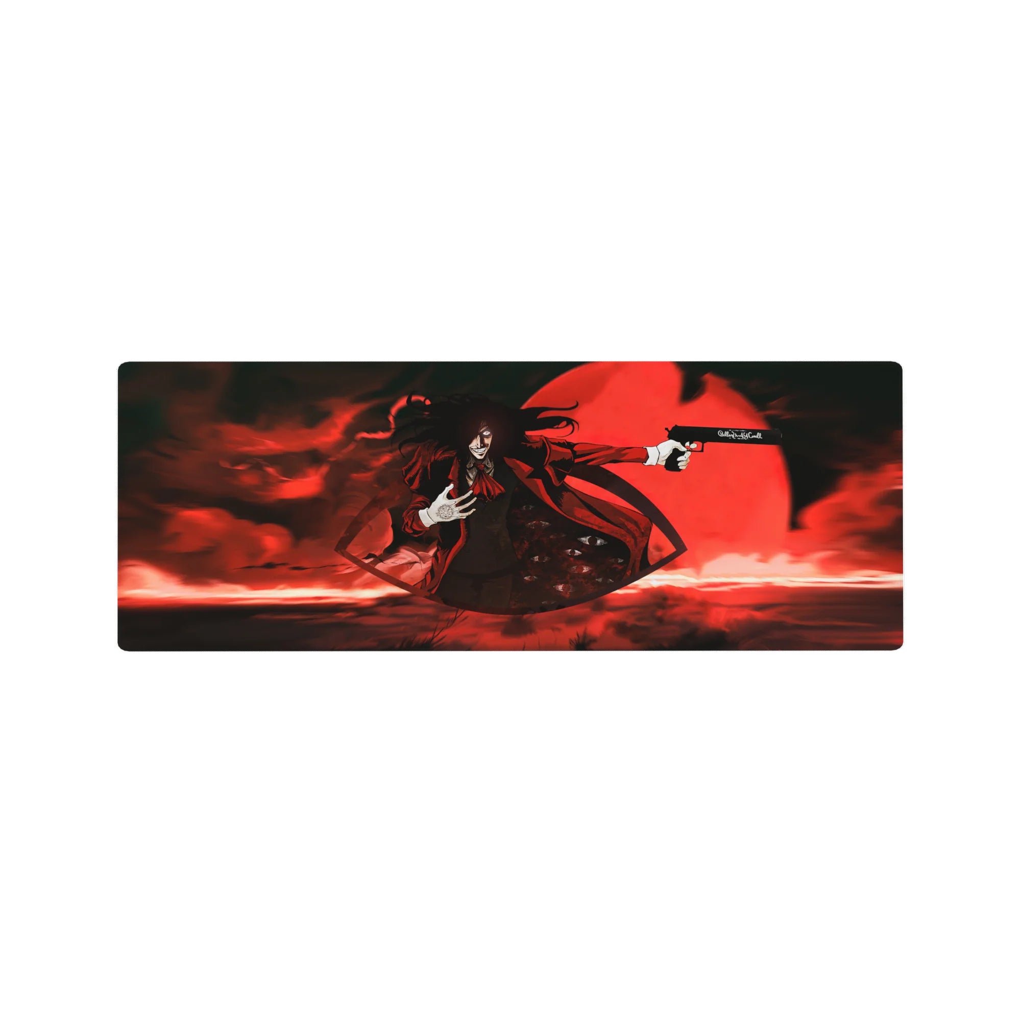 32x12 inches anime mouse pad with Alucard under a blood-red moon, pistol pose, gothic desk mat art.