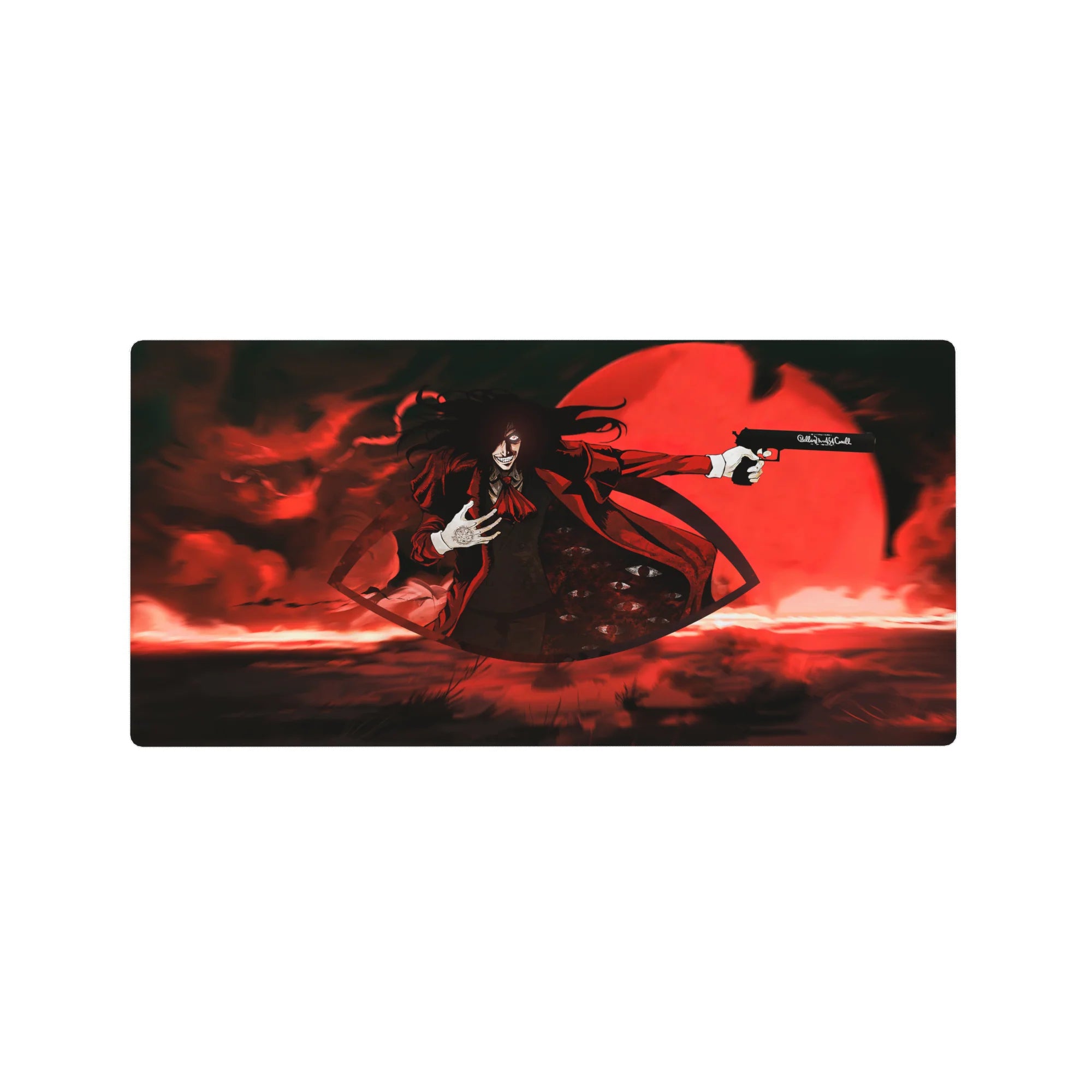 32x16 inches anime mouse pad with Alucard under a blood-red moon, pistol raised, smoky shadows and flair.