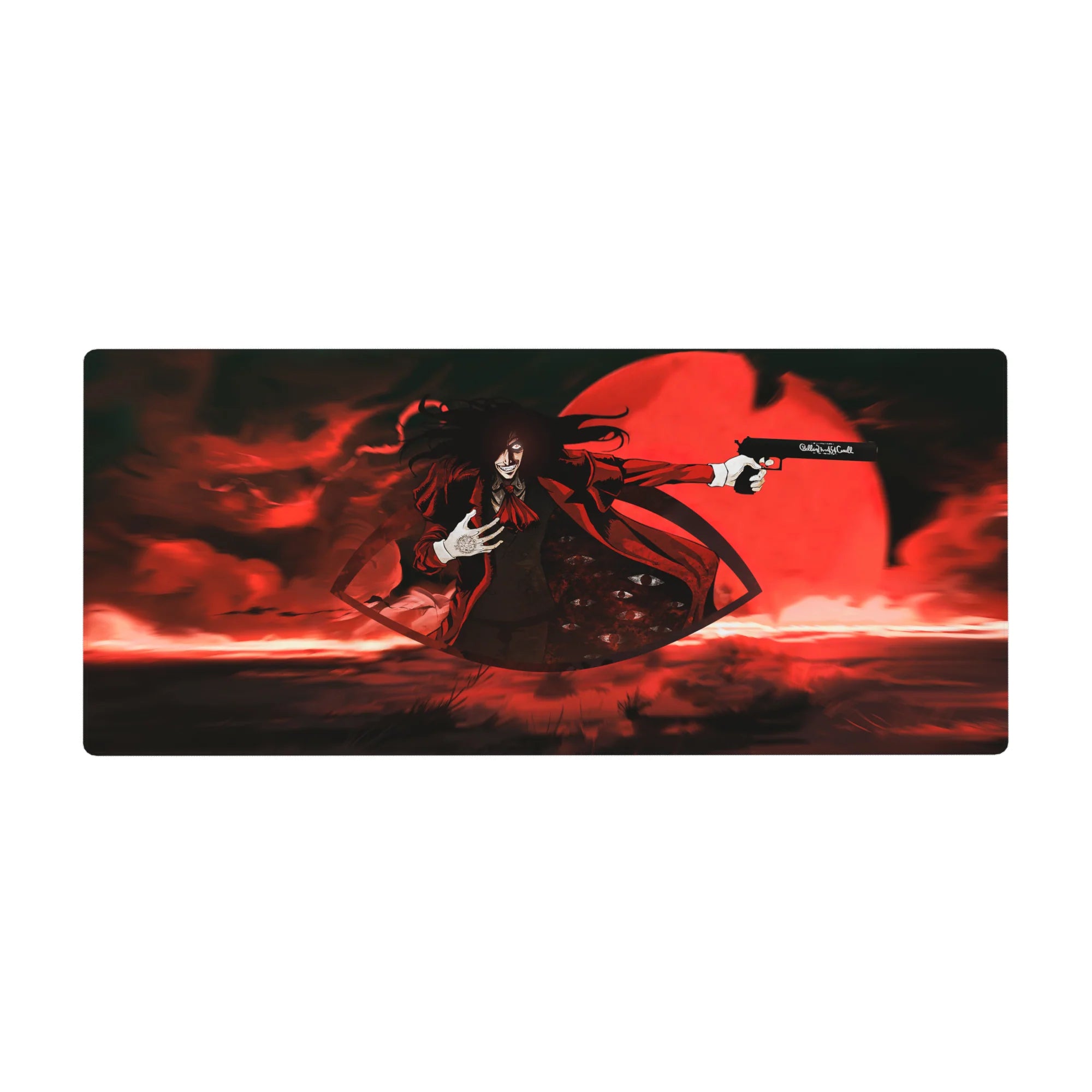 36x16 inches anime desk pad with Alucard under a blood-red moon, gothic black and scarlet art.