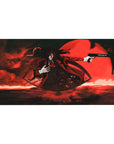 Gothic anime desk pad 40x20 inches with Alucard under a blood-red moon, pistol pose and sharp grin.