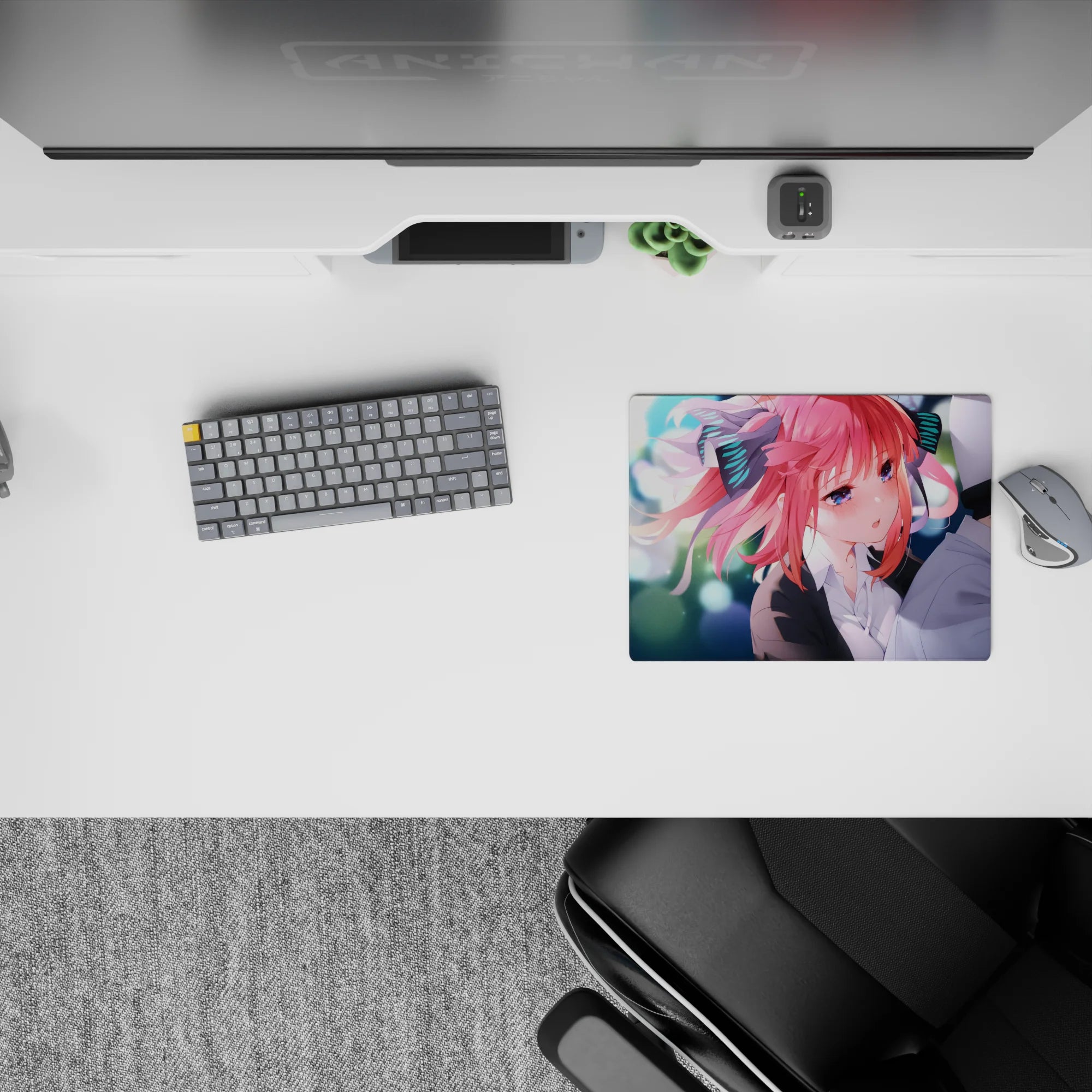 Dreamy bokeh sparkle anime mouse pad 14x10 inches in teal, white, and pink for a cozy cute desk mood.
